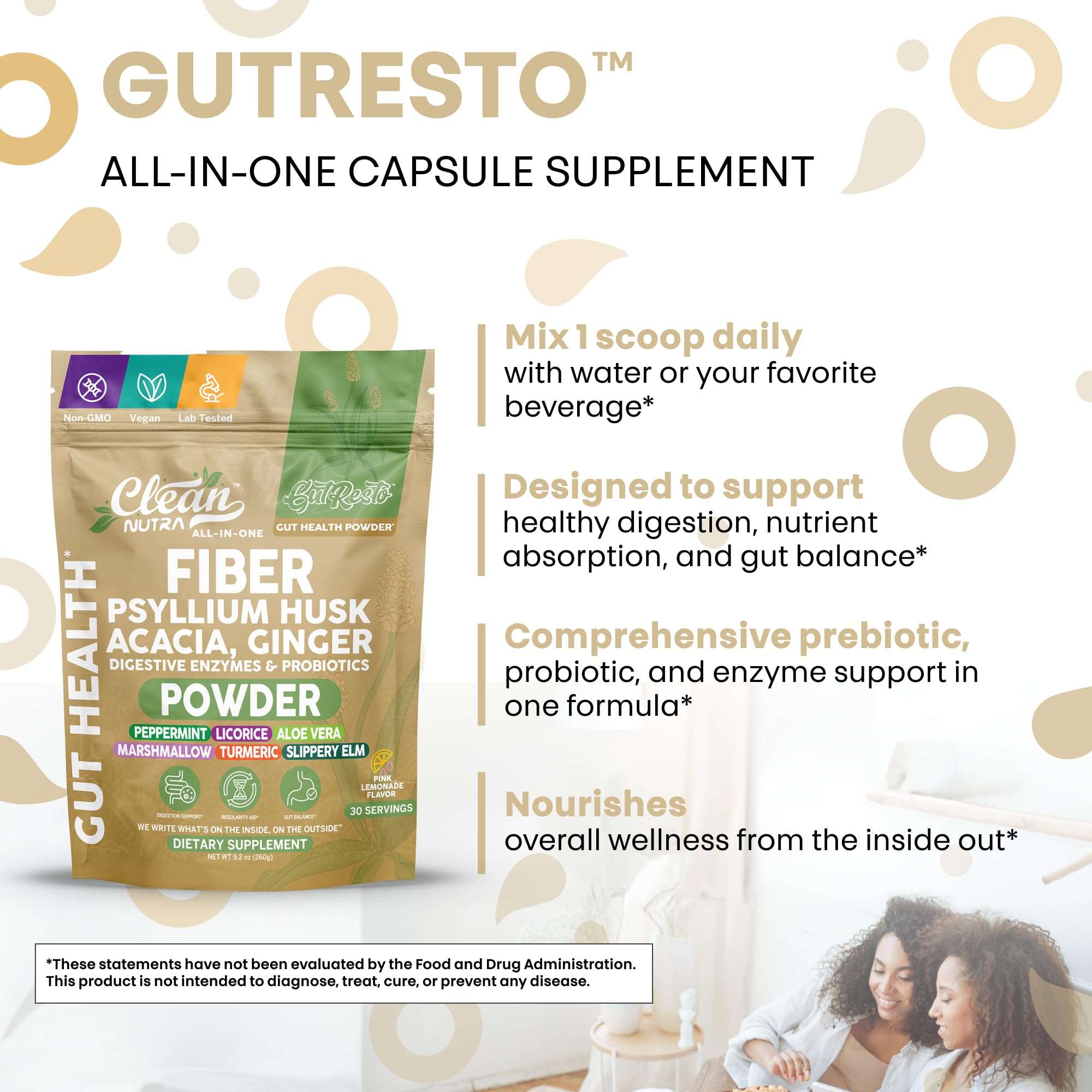 Clean Nutra GutResto pink lemonade mix highlighted for tasty daily ritual.