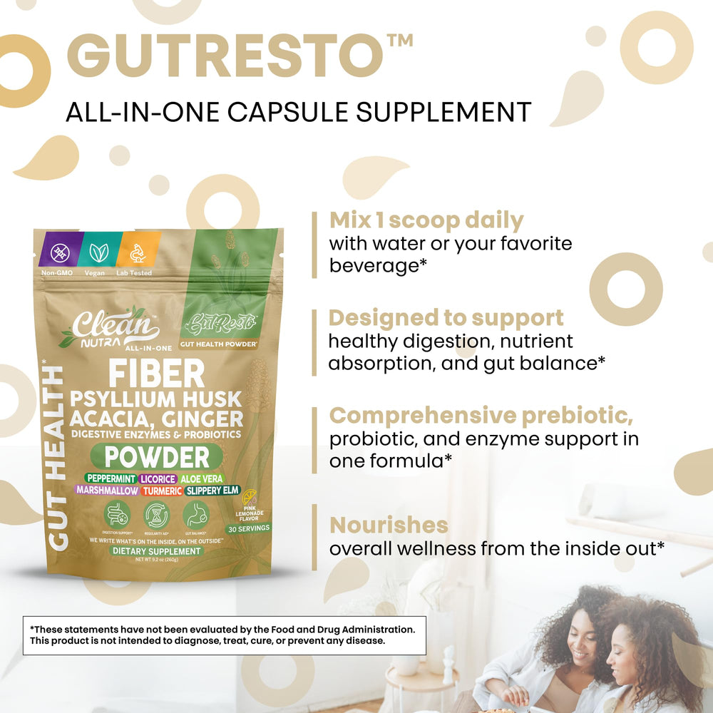 Clean Nutra GutResto pink lemonade mix highlighted for tasty daily ritual.