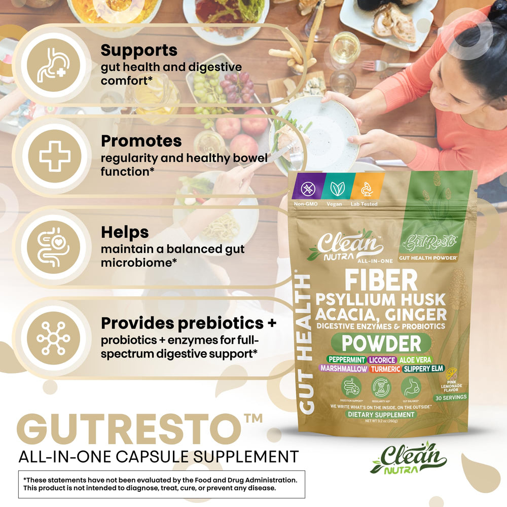 Clean Nutra GutResto turmeric powder emphasizes versatile spice and digestive-friendly pairing.