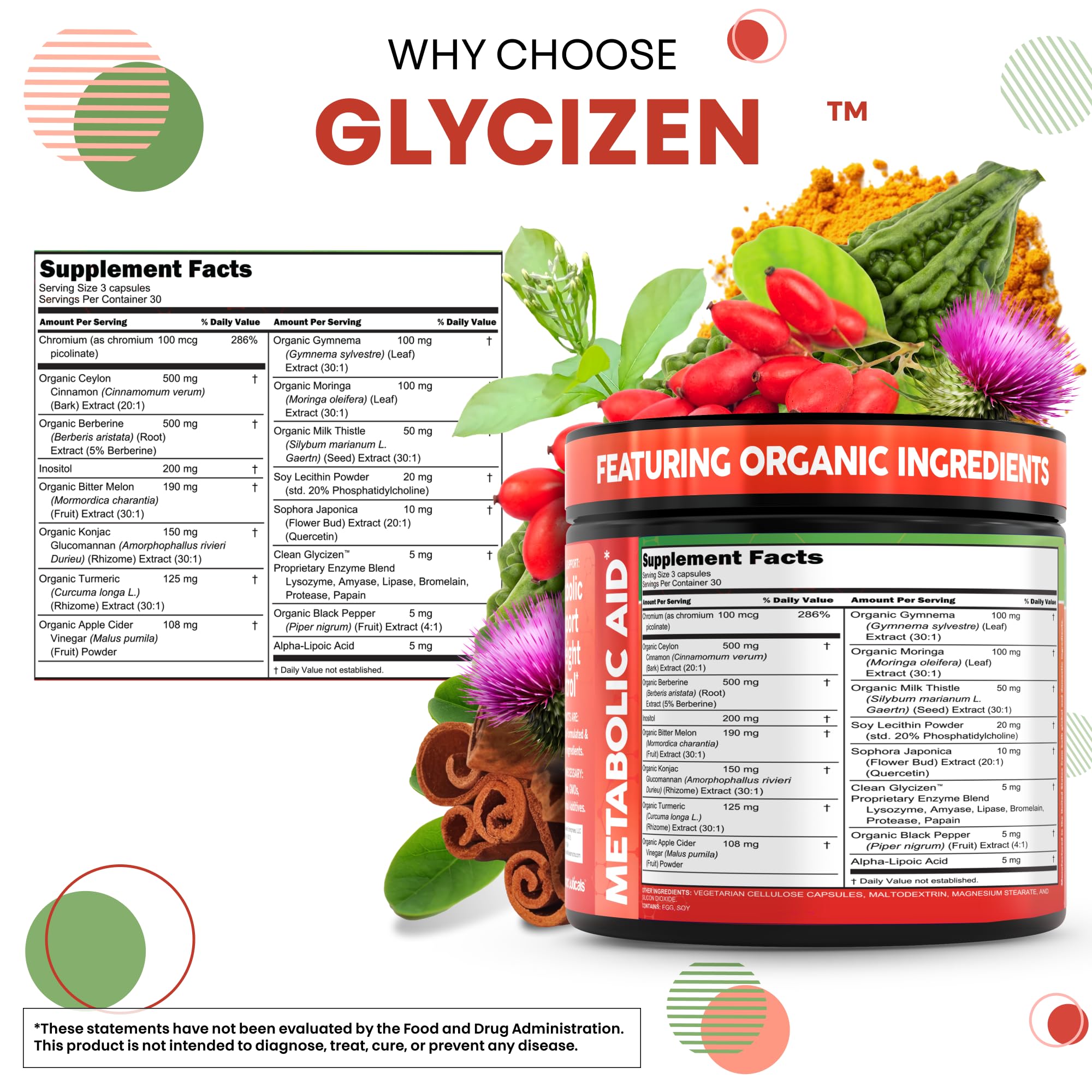 Ingredients chart for Clean Nutra GlyciZen emphasizes berberine, cinnamon, and gut-support components.