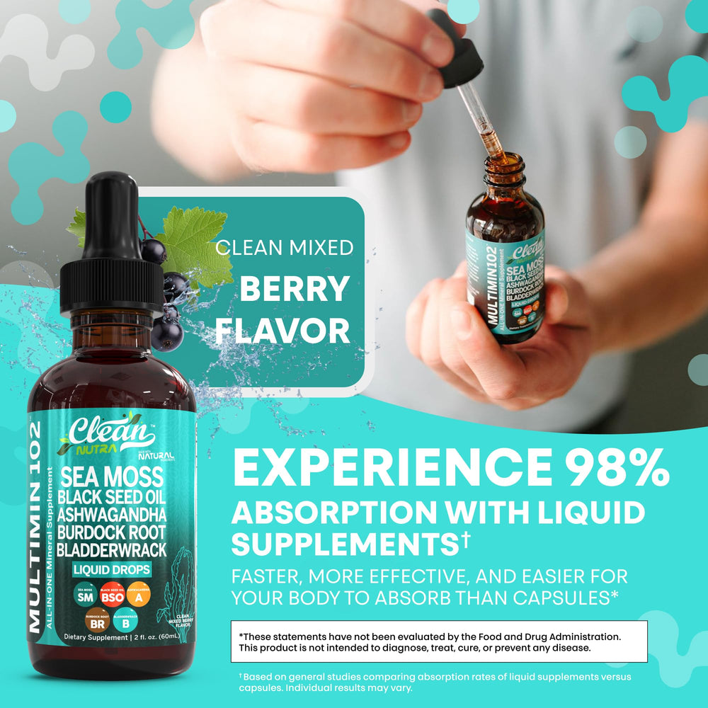 Clean Nutraceuticals Irish Sea Moss Liquid in a glass bottle showcases organic sea botanicals.