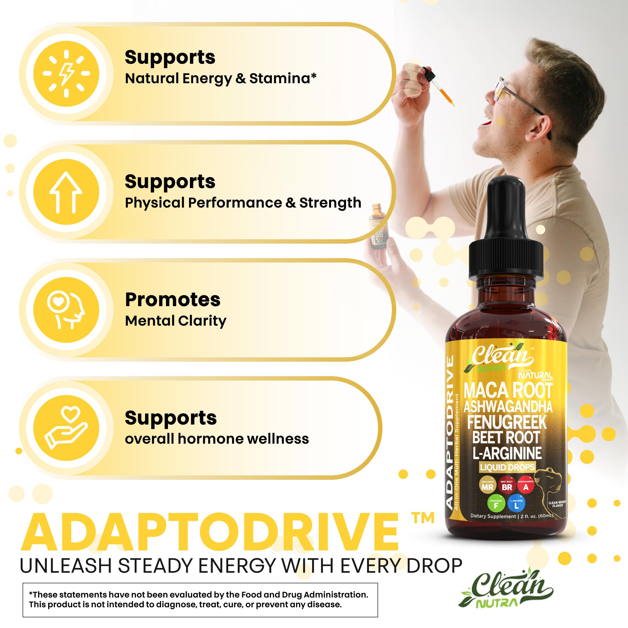 Clean Nutra L-Arginine drops aid muscle recovery and daily vitality.