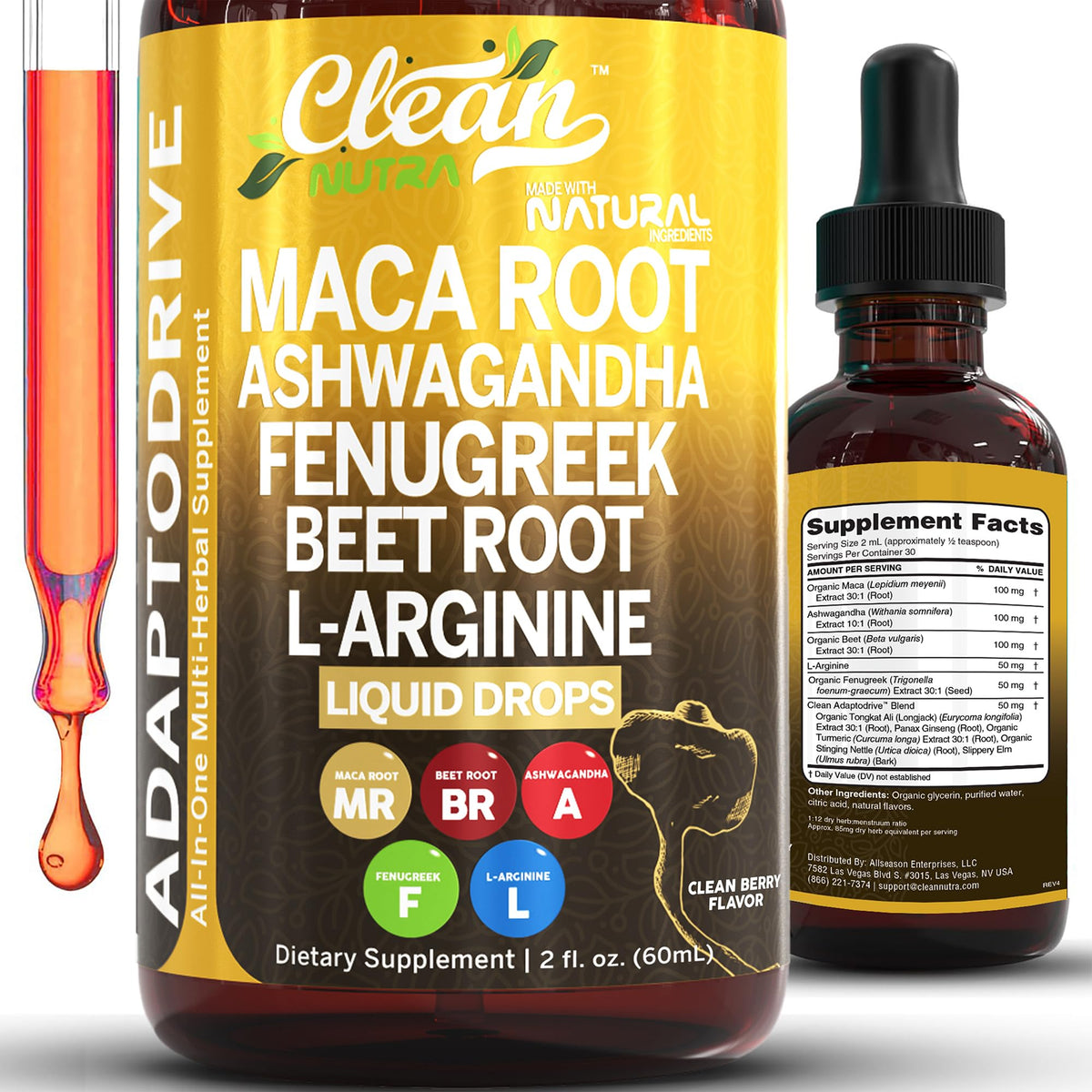 Clean Nutra Maca Root Drops bottle for daily energy and immune support.
