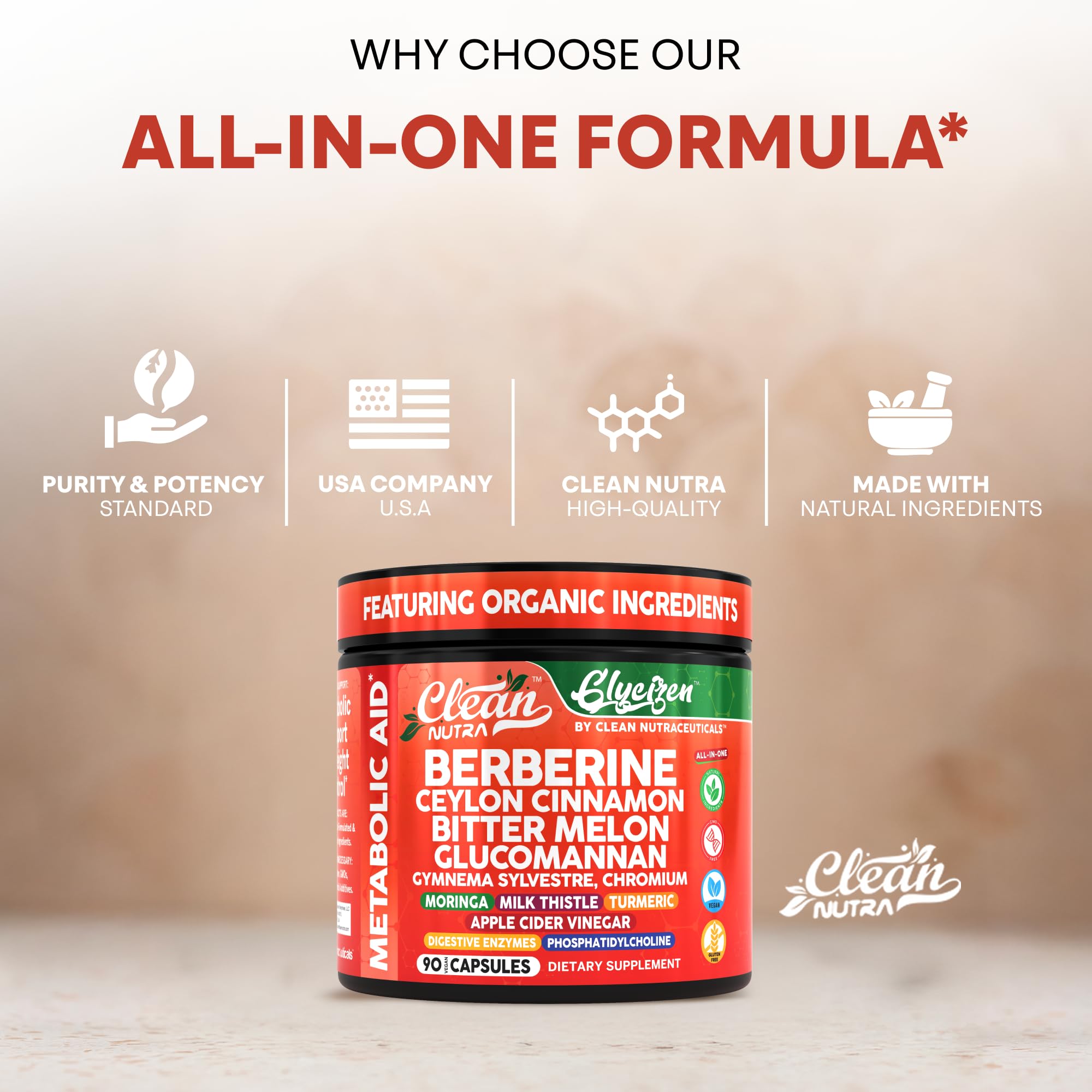 USA facility seal and production area behind Clean Nutra GlyciZen for quality.