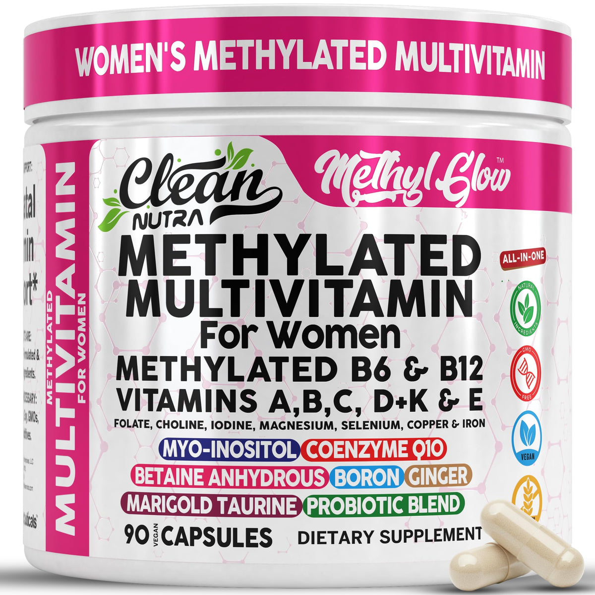 Clean Nutra Methyl Glow bottle with capsules designed for daily energy and vitality.
