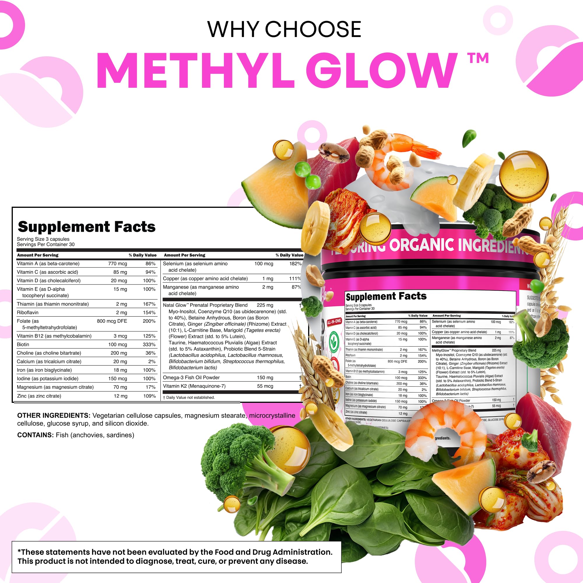 Omega-3 fish oil softgels from Clean Nutra Methyl Glow highlight heart and brain support.