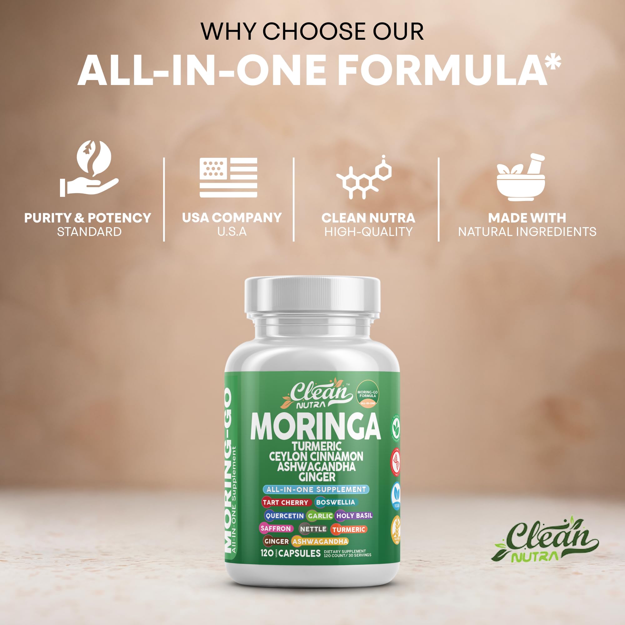 Ingredients overview shows moringa, turmeric, and herbs