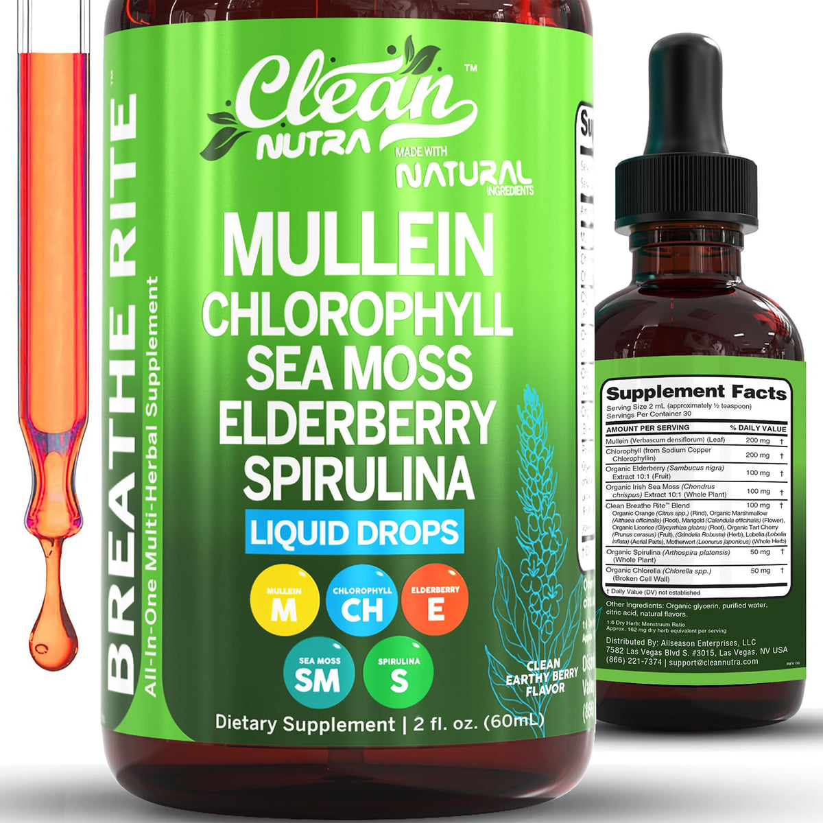 Clean Nutra Mullein Drops bottle for lungs supports daily respiratory comfort.