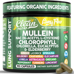 Clean Nutra mullein leaf bottle front showing daily lung support in a plant based format