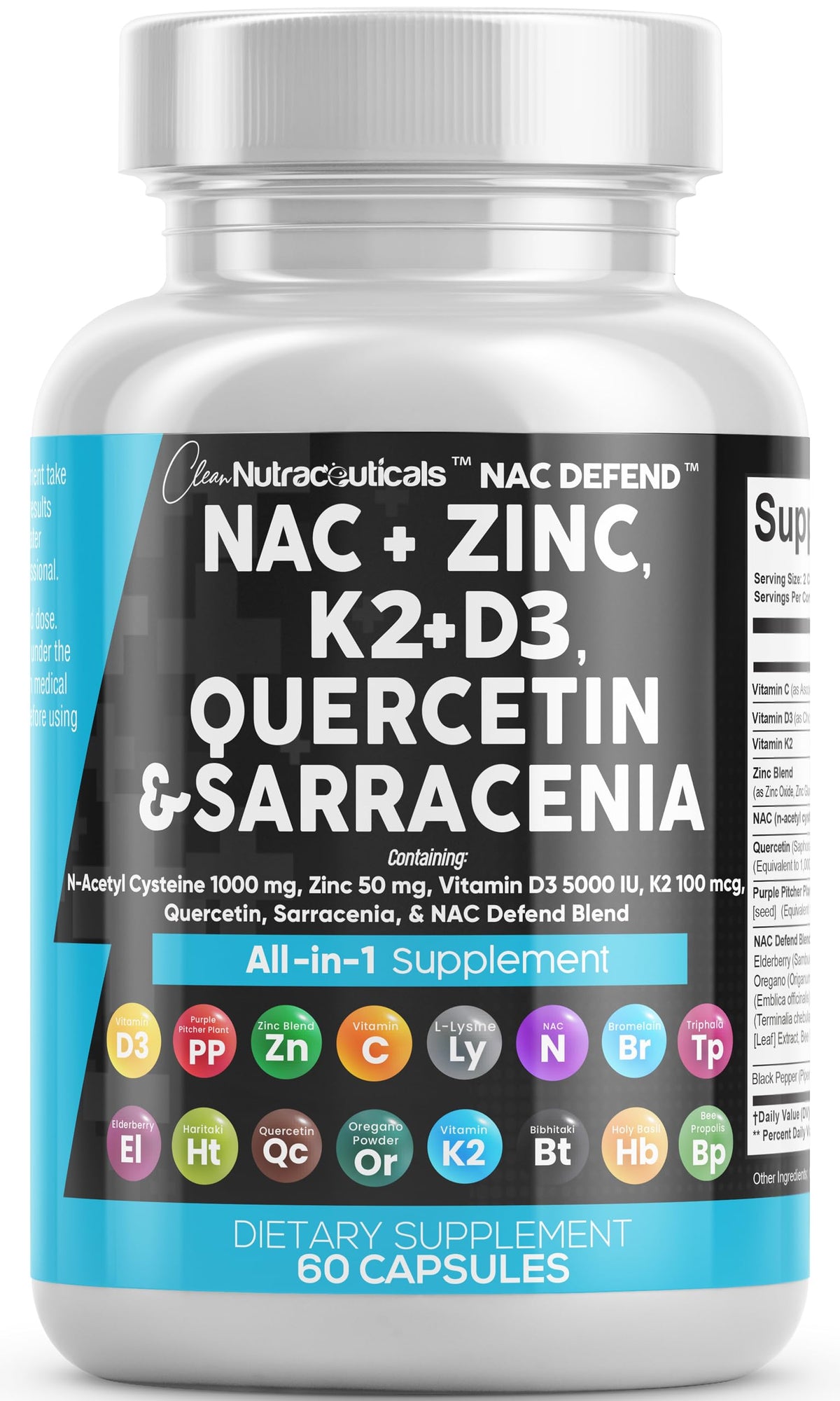 Clean Nutra NAC Defend bottle front shows the 19-in-1 formula for daily immune support