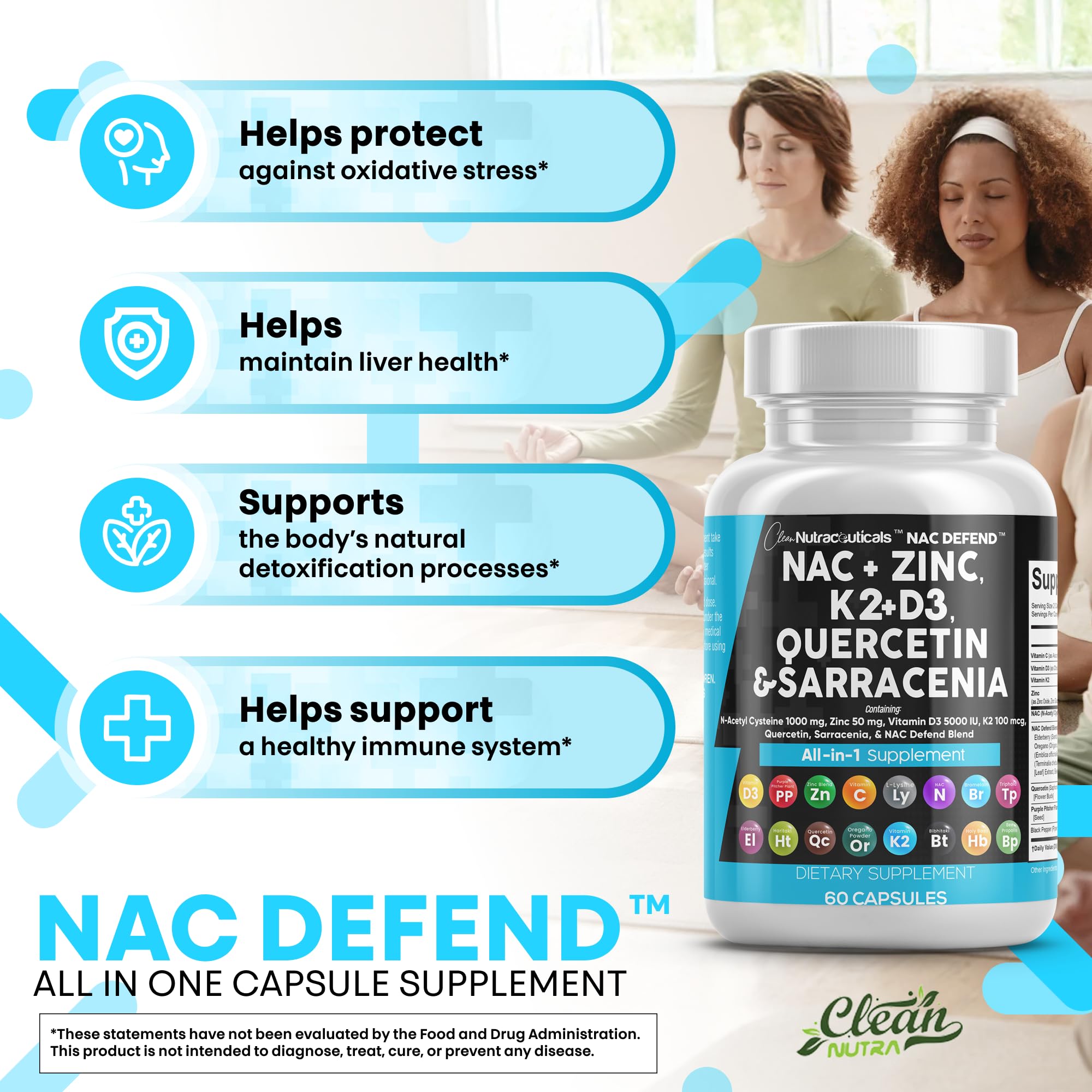 Clean Nutra NAC Defend packaging with elderberry and propolis highlights daily wellness options
