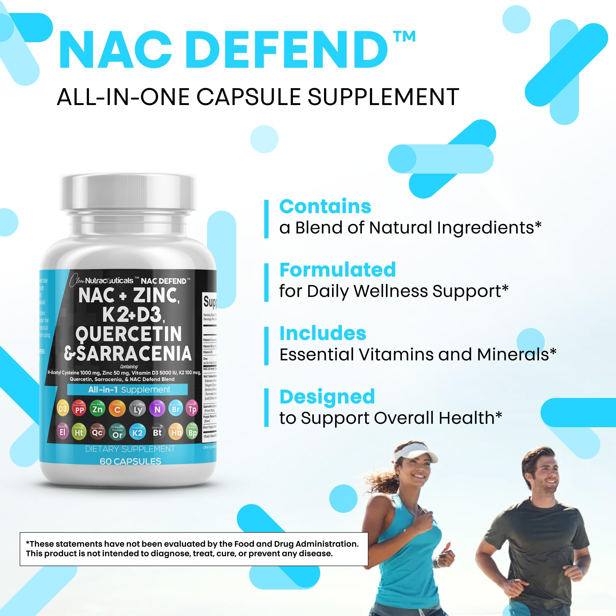Clean Nutra NAC Defend capsules close-up displays quercetin and zinc ingredients