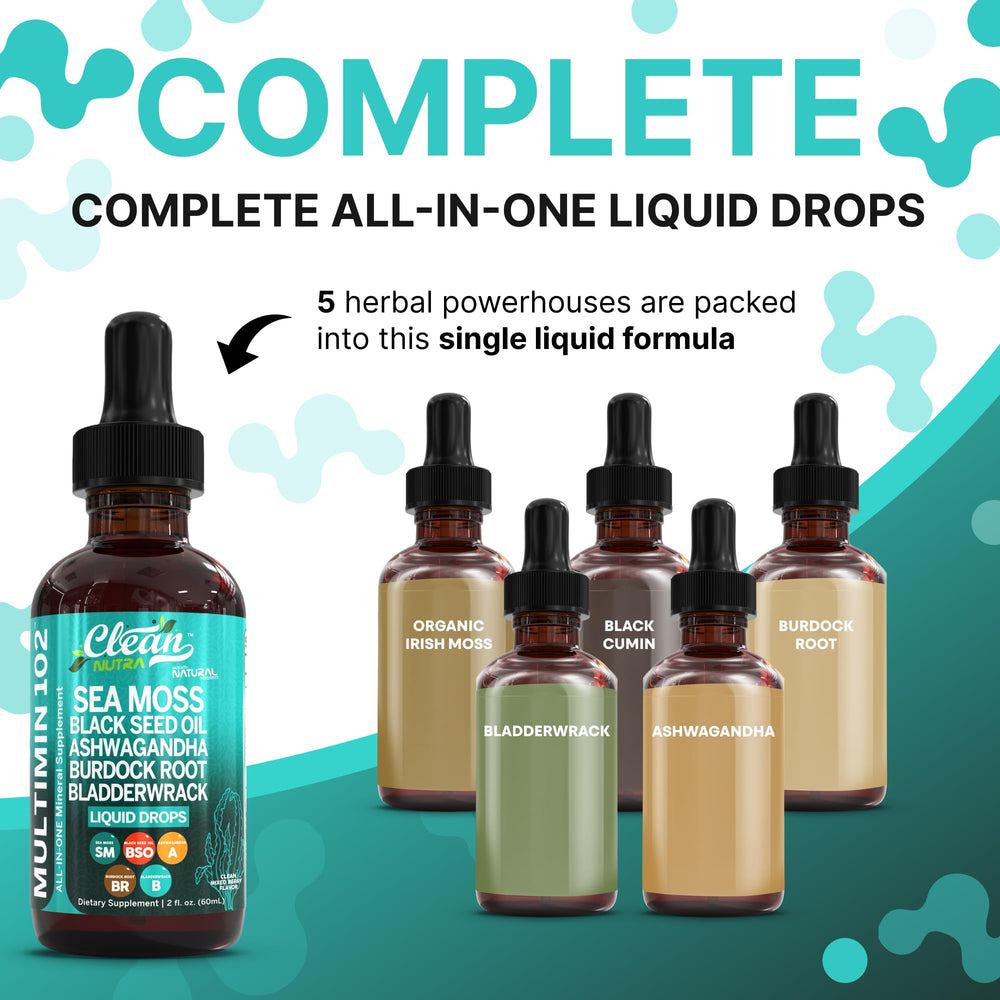 Clean Nutraceuticals Organic Sea Moss Drops bottle shows sea moss infusion in a clear container.