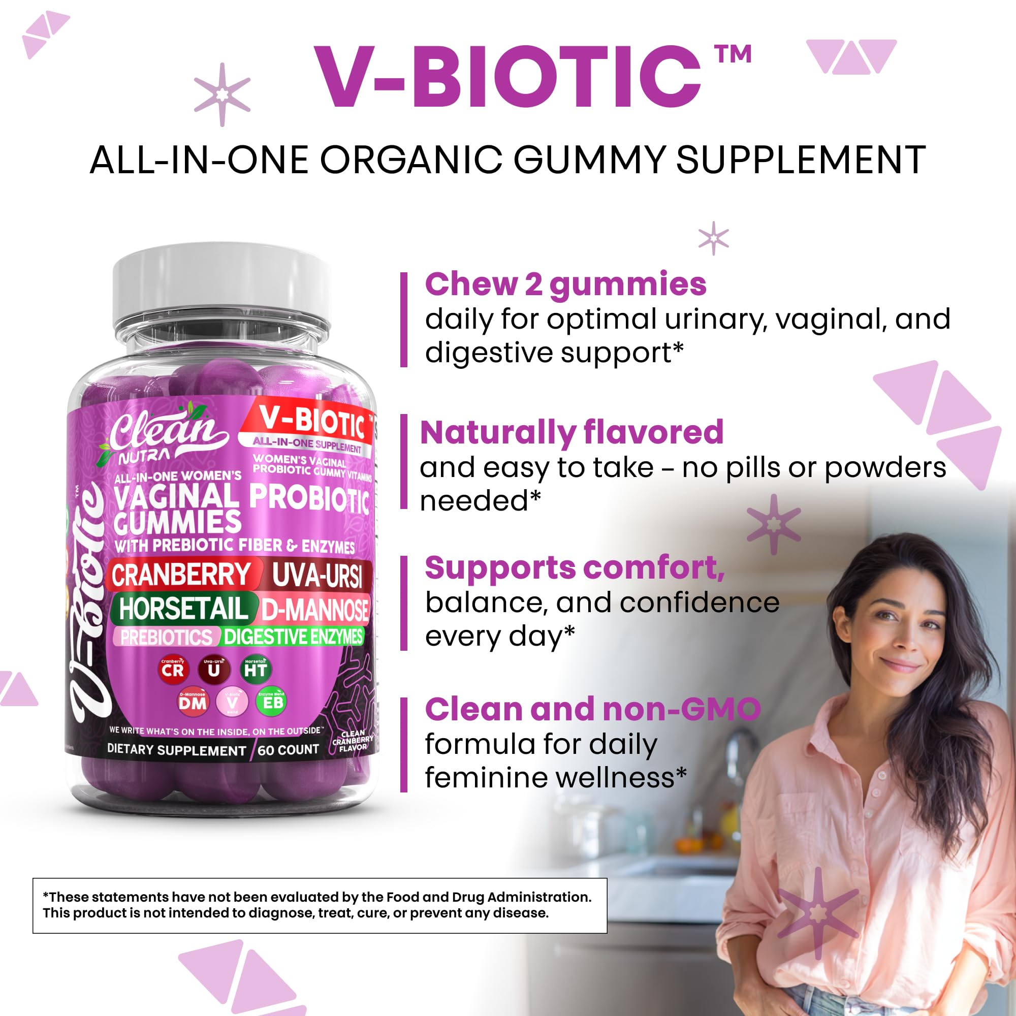 Clean Nutra Probiotic blend gummies closeup, flora balance