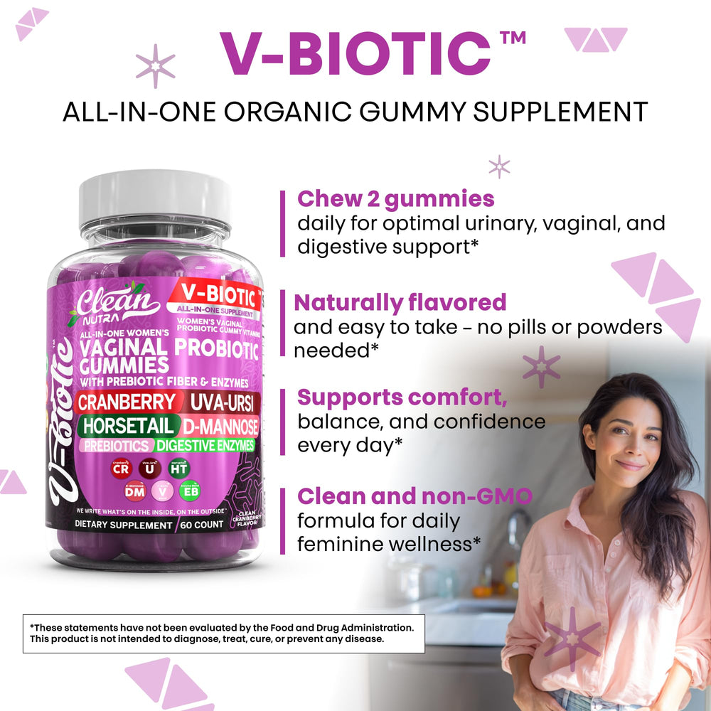 Clean Nutra Probiotic blend gummies closeup, flora balance