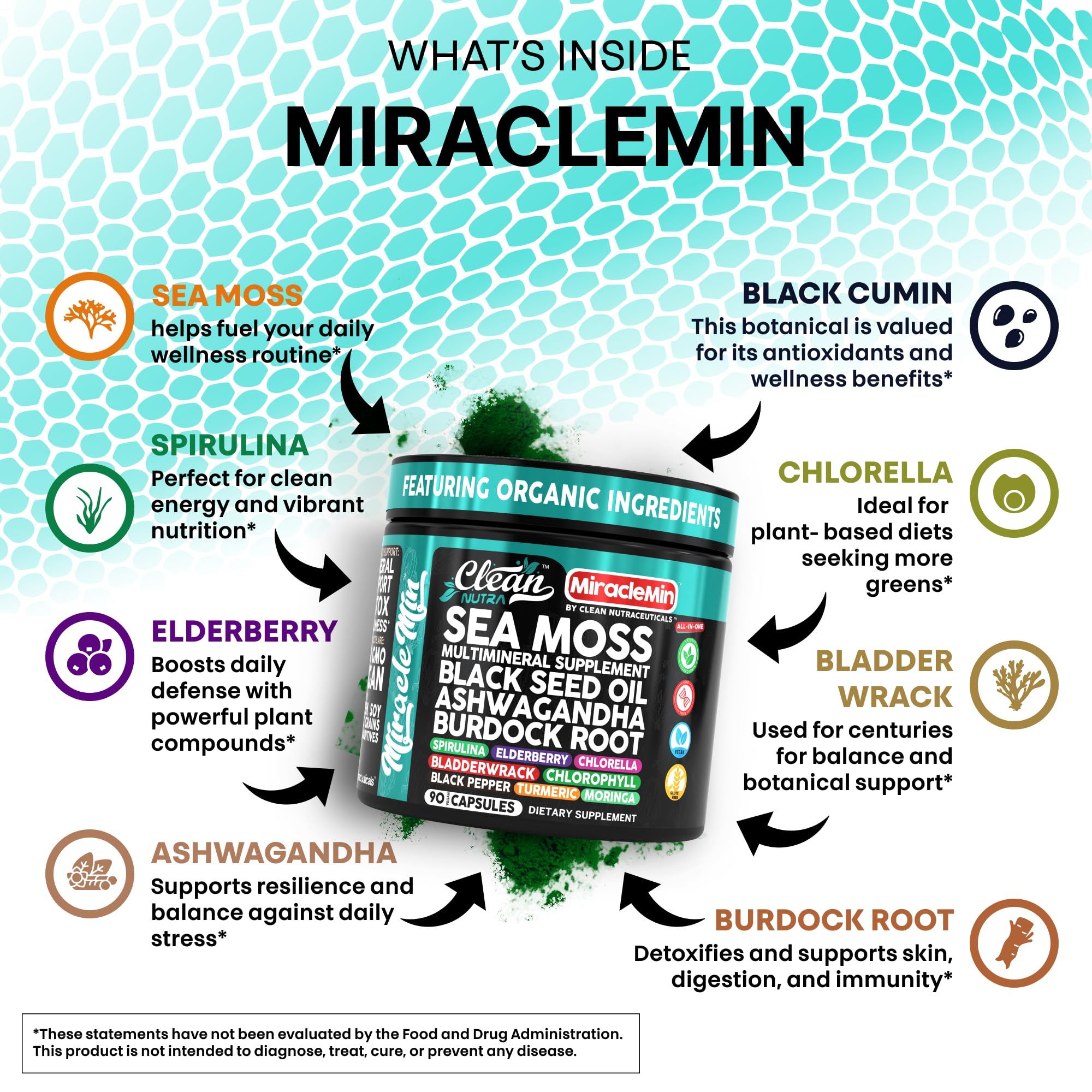 Clean Nutra Sea Moss Capsules with bladderwrack enhance mineral balance and energy.