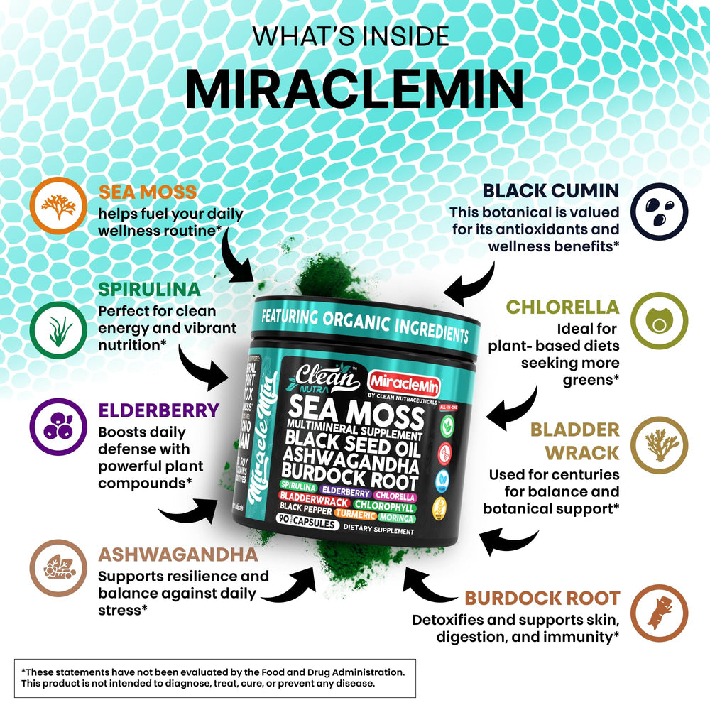 Clean Nutra Sea Moss Capsules with bladderwrack enhance mineral balance and energy.