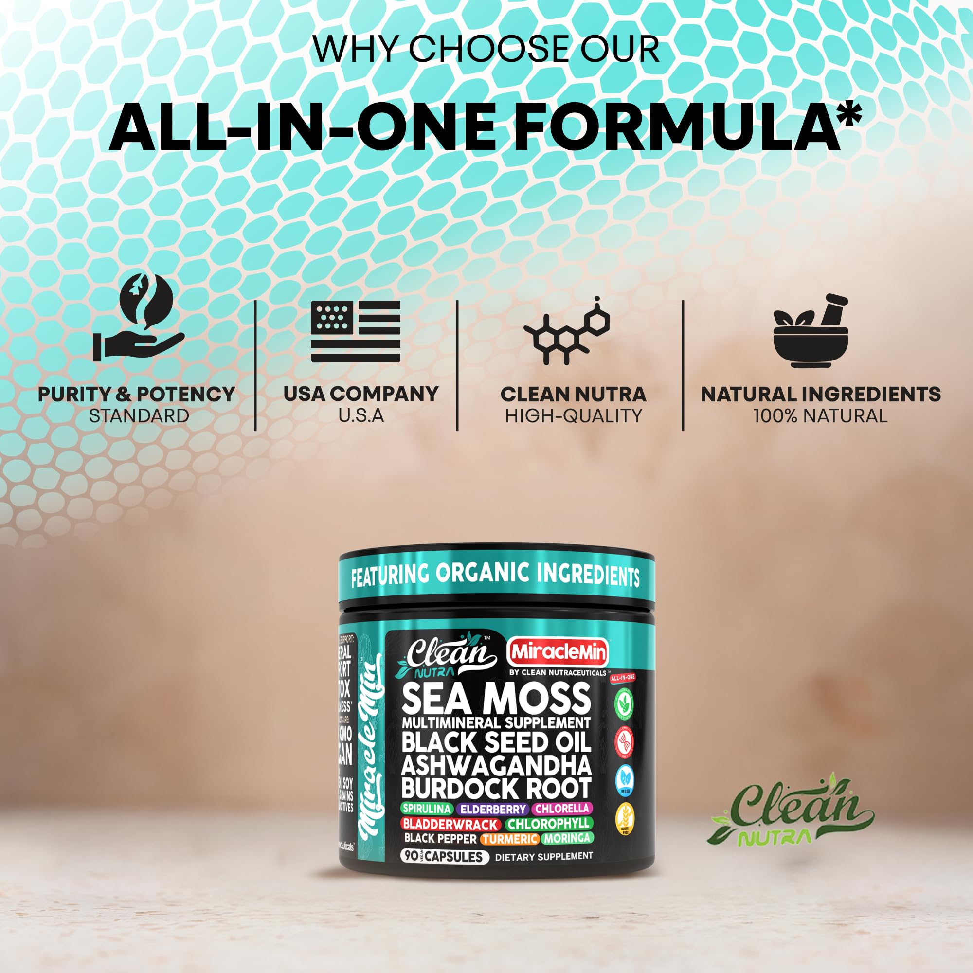 Clean Nutra Sea Moss Capsules immune blend with elderberry turmeric amla for seasonal vitality.