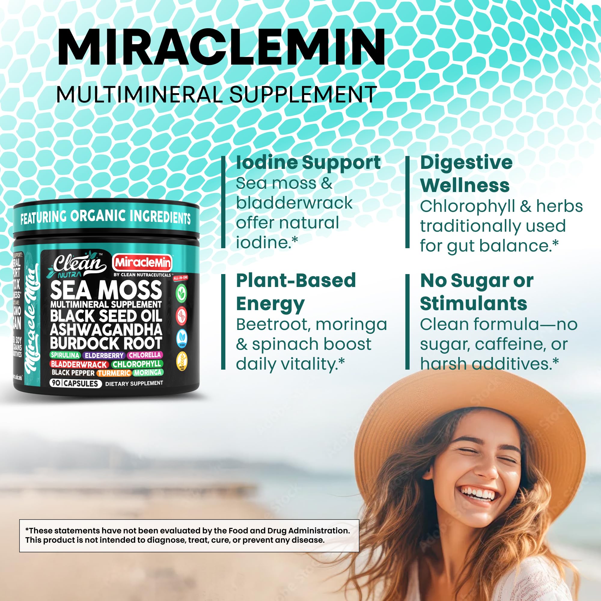 Clean Nutra Sea Moss Capsules greens blend with moringa spirulina and chlorella for daily energy.
