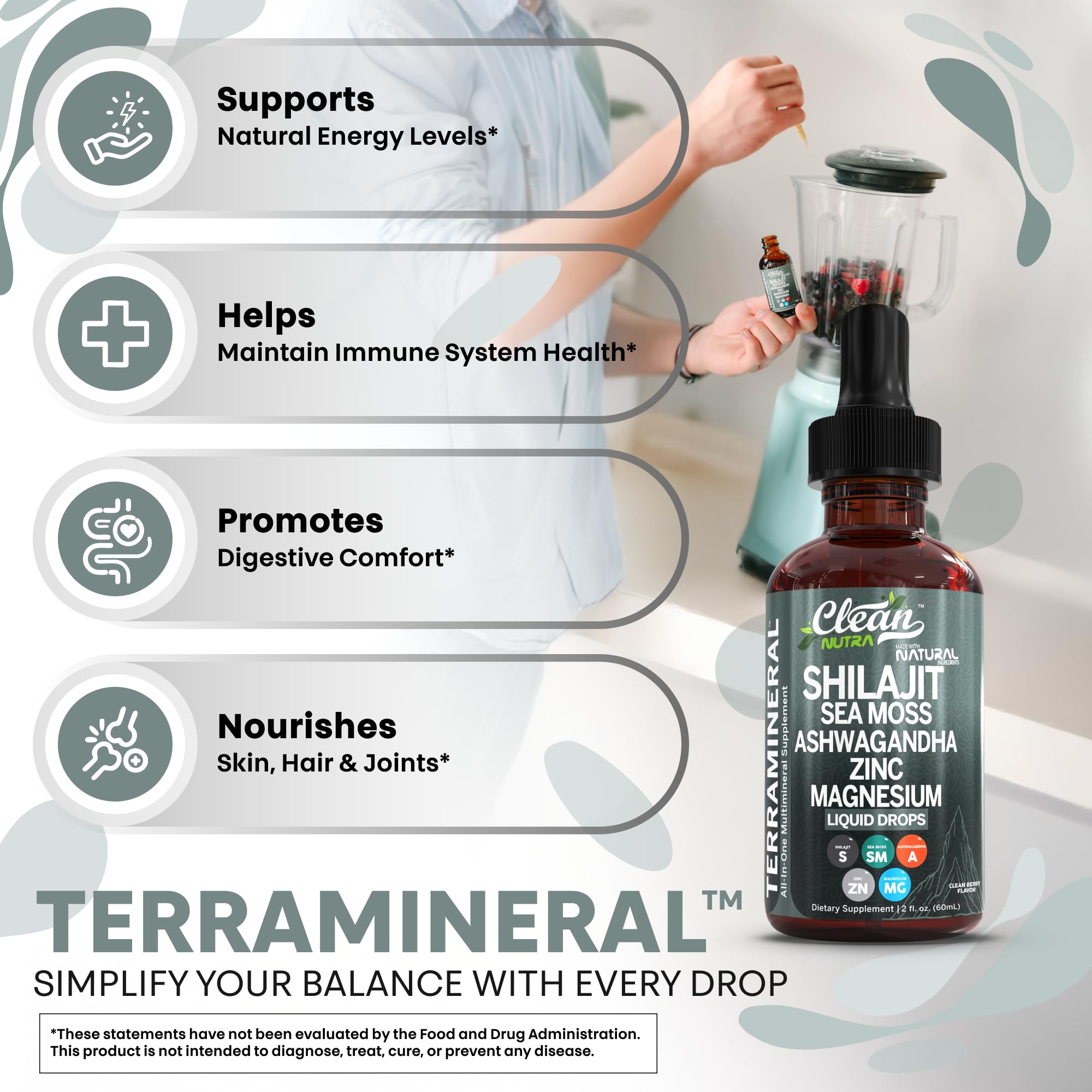 Clean Nutraceuticals Terra Mineral glass drops showing convenient dropper usage.