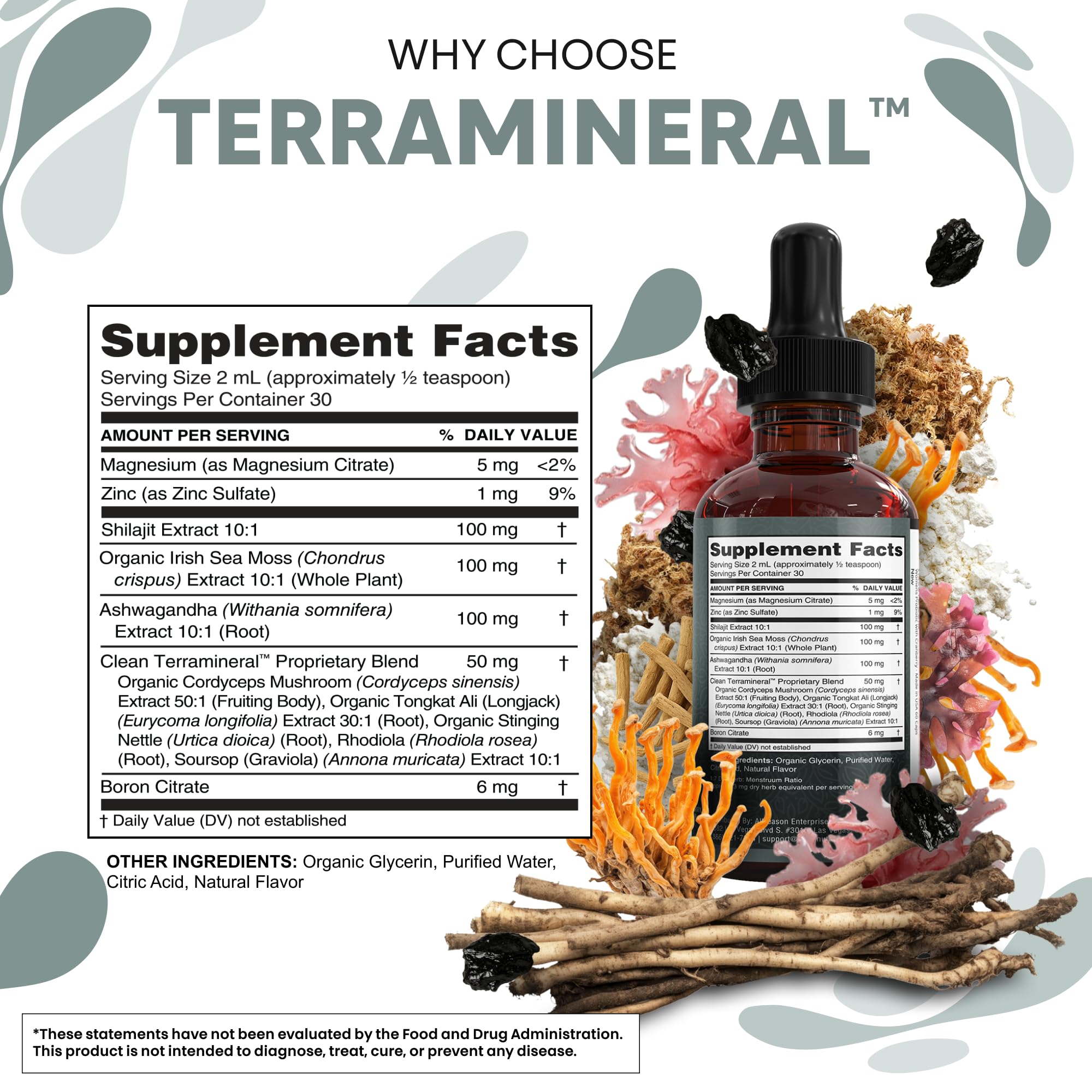 Clean Nutraceuticals Terra Mineral label close-up highlighting sea moss and zinc.