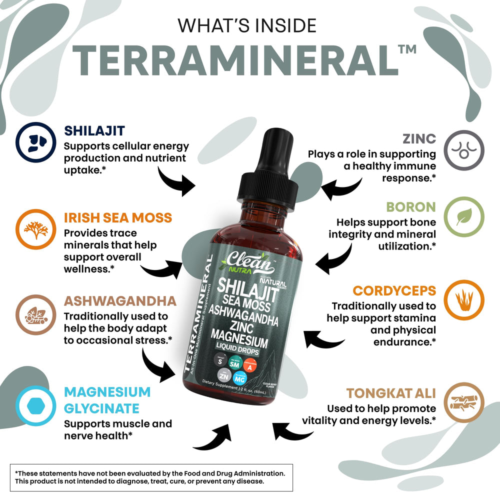 Clean Nutraceuticals Terra Mineral sea moss and ashwagandha ingredients close-up for nutrients.