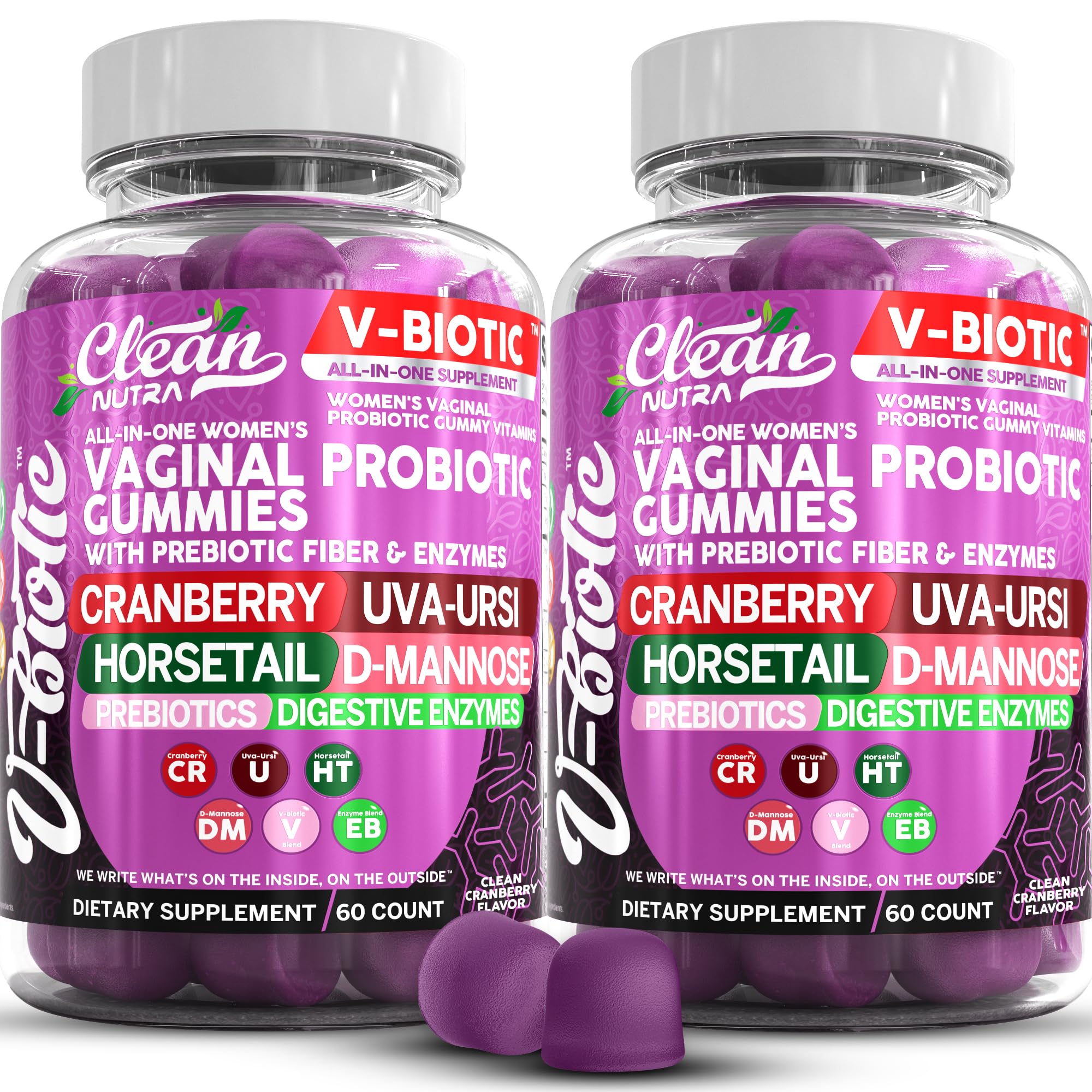 Clean Nutra Vbiotic Gummies cranberry bottle, supports urinary tract balance