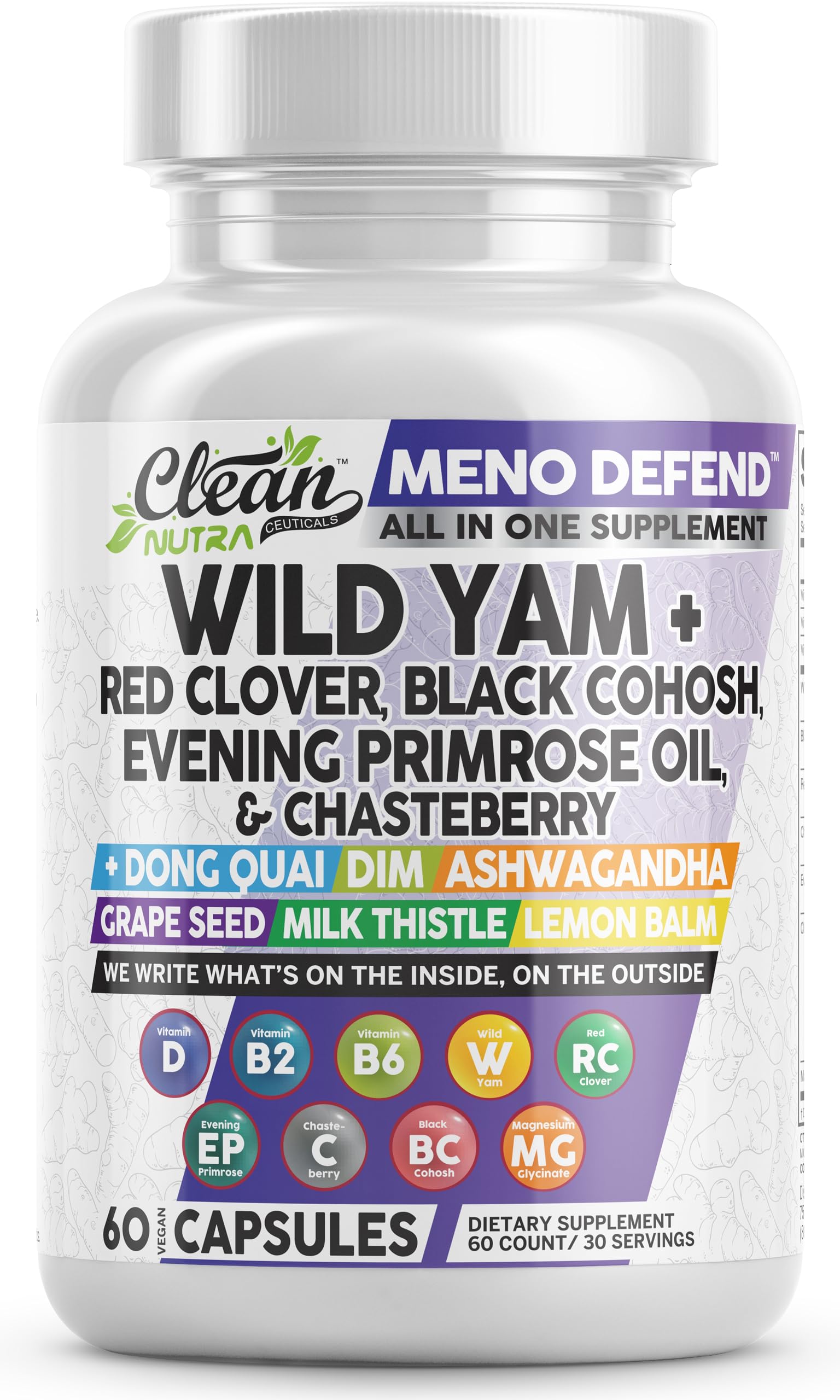 Clean Nutra Wild Yam Root Capsules bottle for menopause support and daily balance.