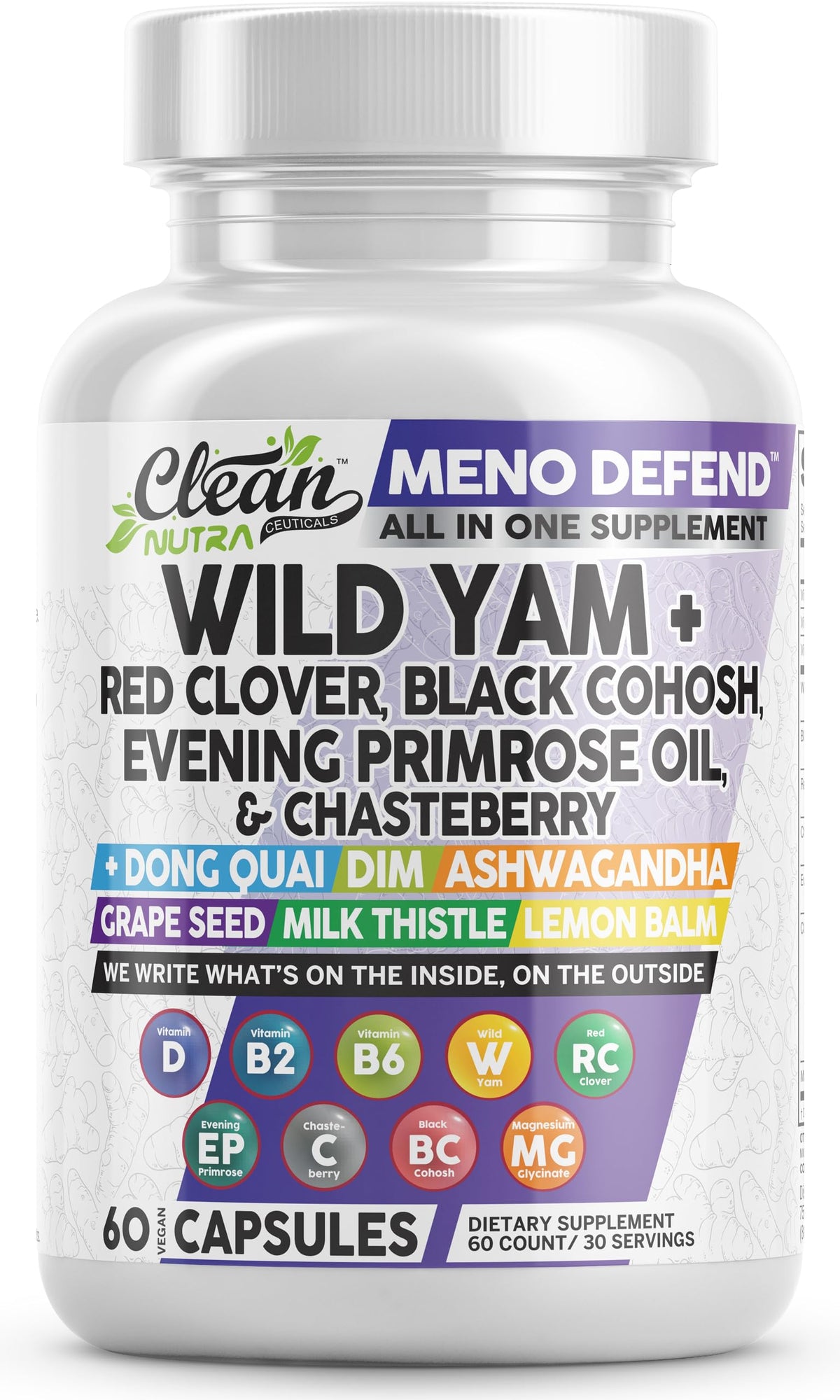 Clean Nutra Wild Yam Root Capsules bottle for menopause support and daily balance.