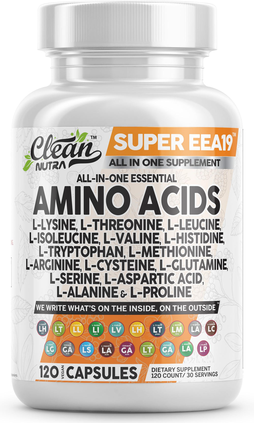 Clean Nutraceuticals amino acids bottle highlights post-workout recovery and daily vitality