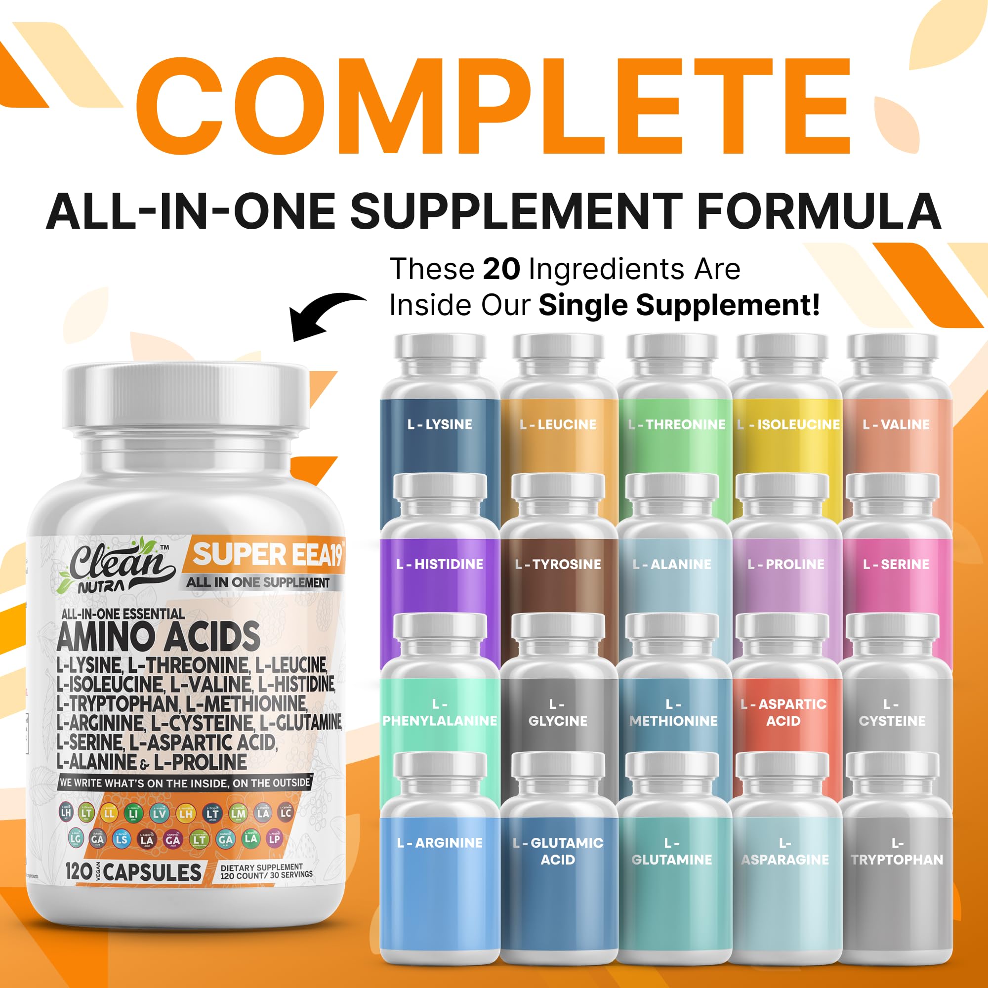 Clean Nutraceuticals capsules closeup emphasizes essential amino acids for immune support and energy