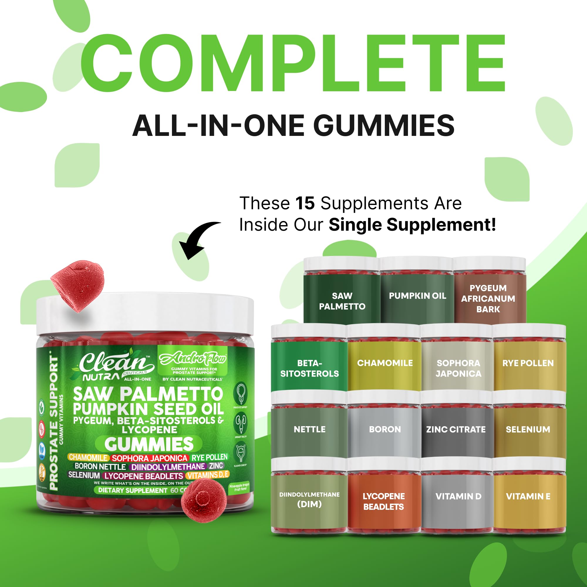 AndroFlow gummies close-up showcasing pumpkin seed oil and saw palmetto for daily wellness