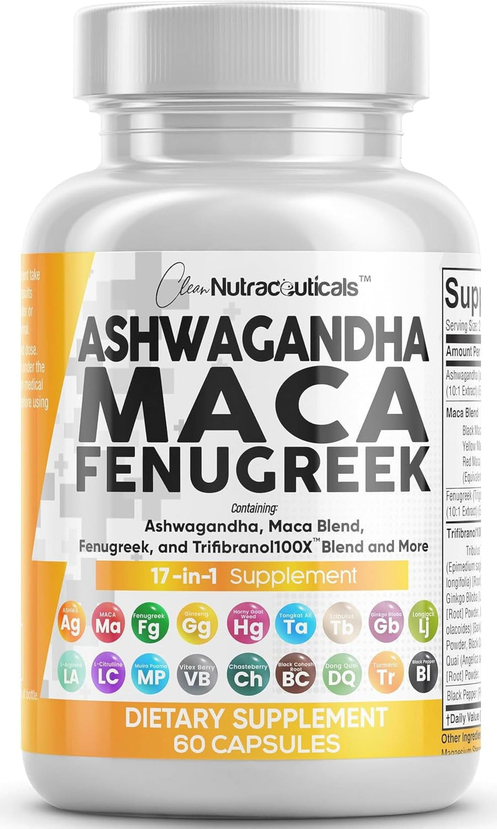 Clean Nutraceuticals Ashwagandha Maca Fenugreek bottle for daily mood support