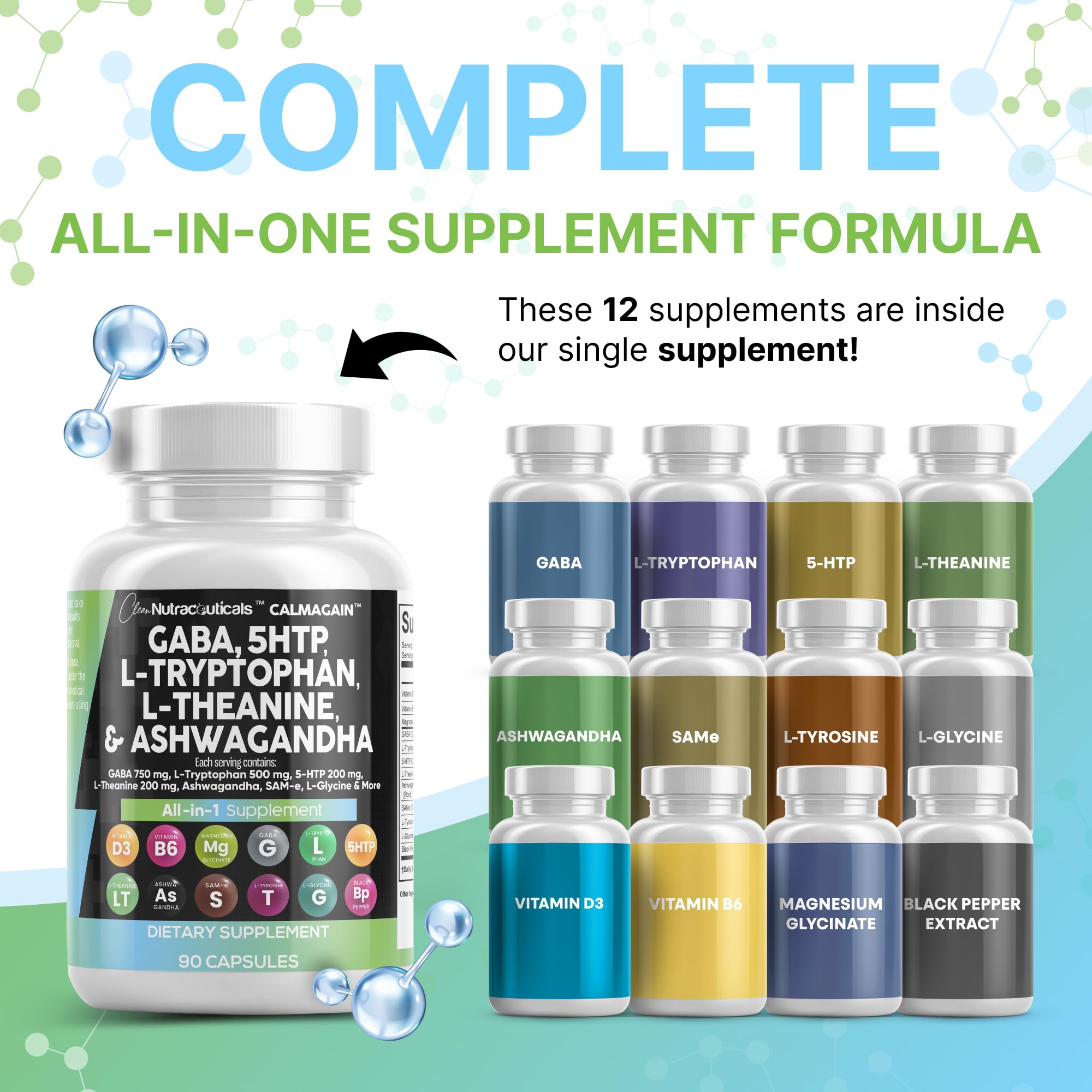 Clean Nutraceuticals CalmAgain bottle top shows dosage information for easy use.