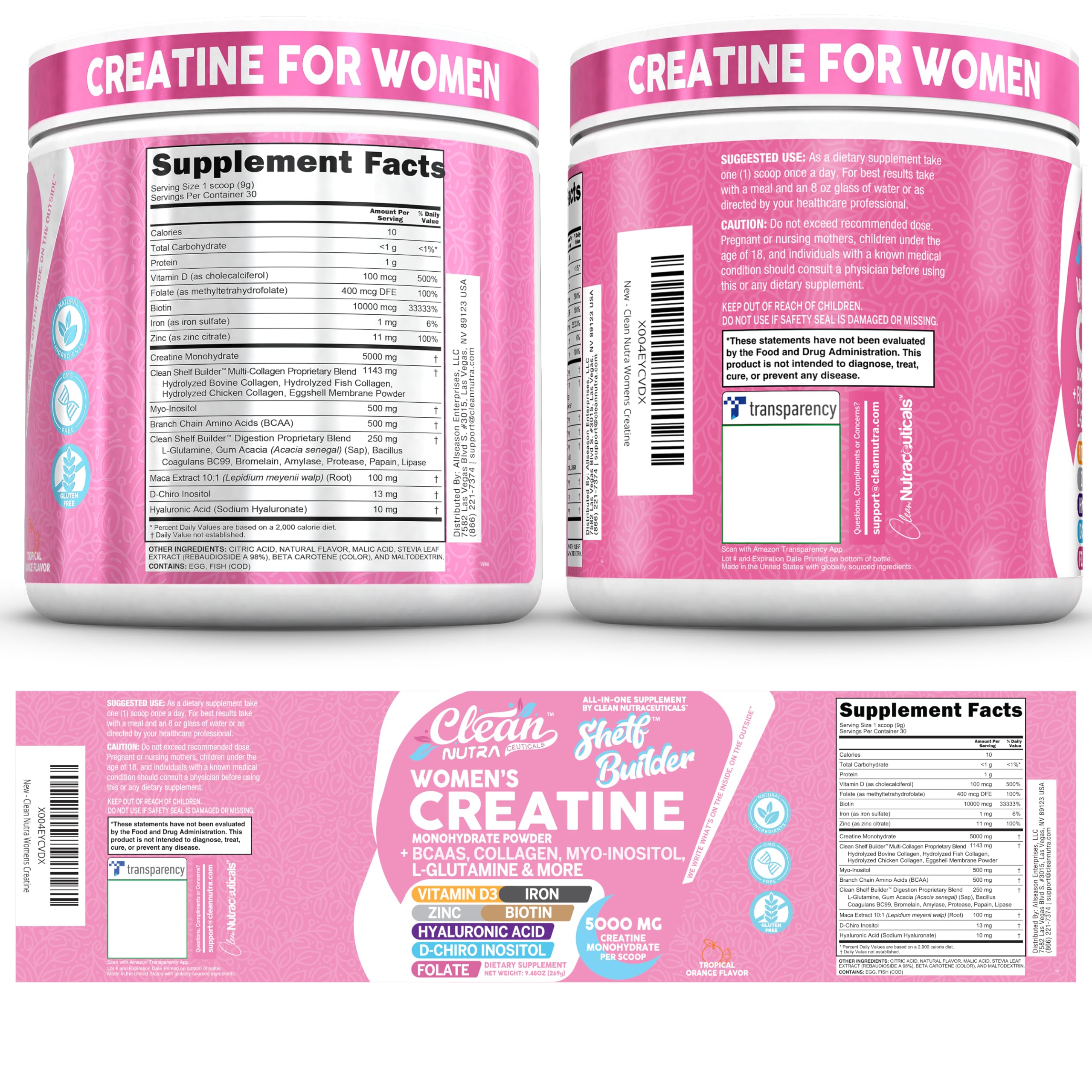 Clean Nutraceuticals Creatine for Women label closeup with tropical flavor notes