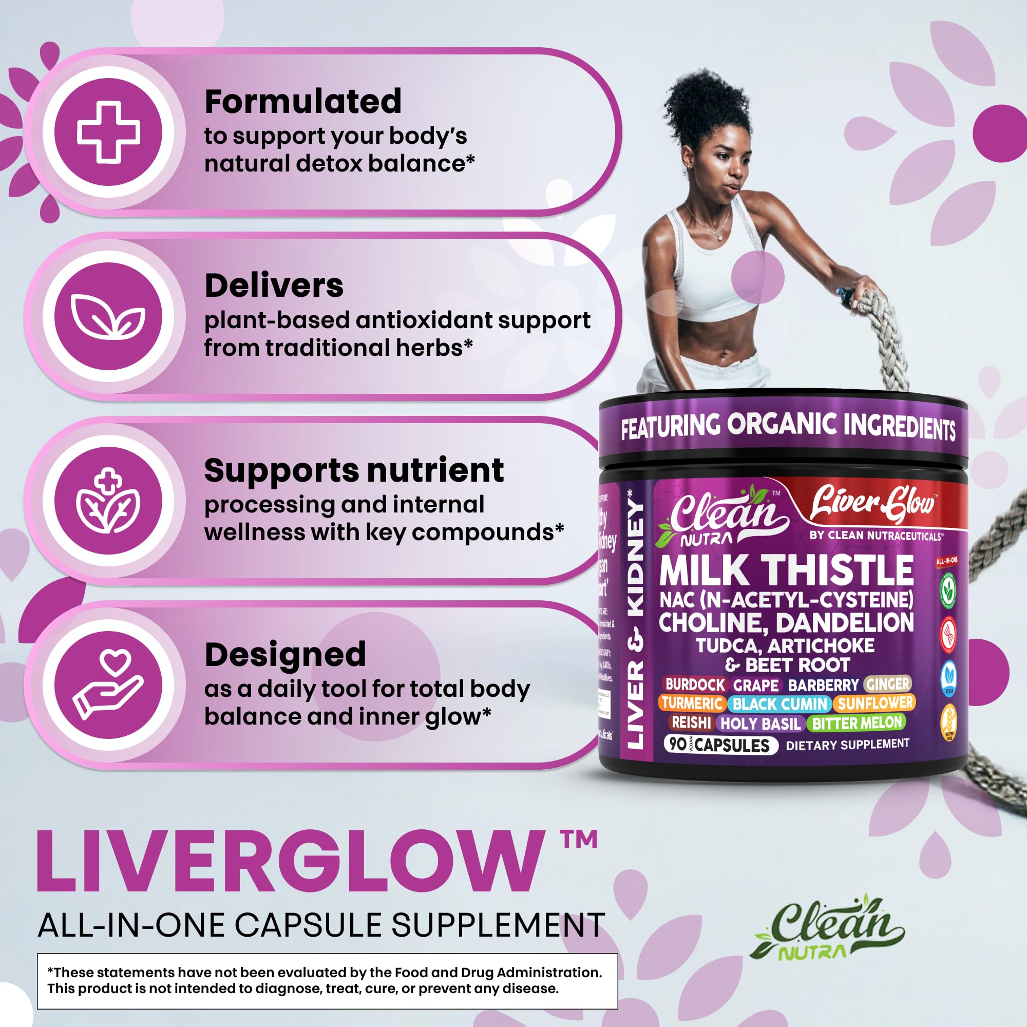 Clean Nutraceuticals dandelion-root extract capsules shown with greens for natural diuretic-inspired routine