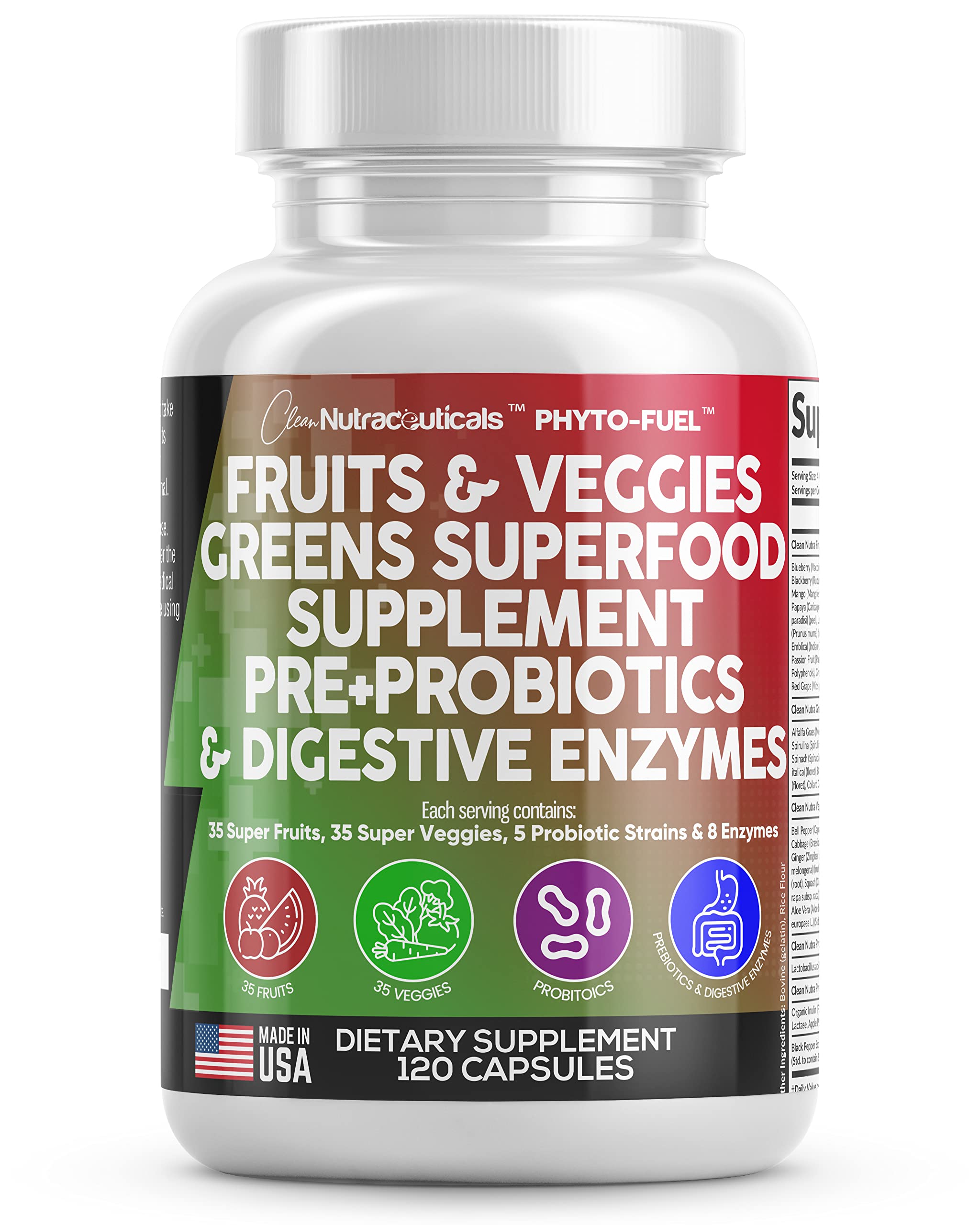 Clean Nutraceuticals Reds & Greens bottle shows a complete daily superfood blend for nutrition.