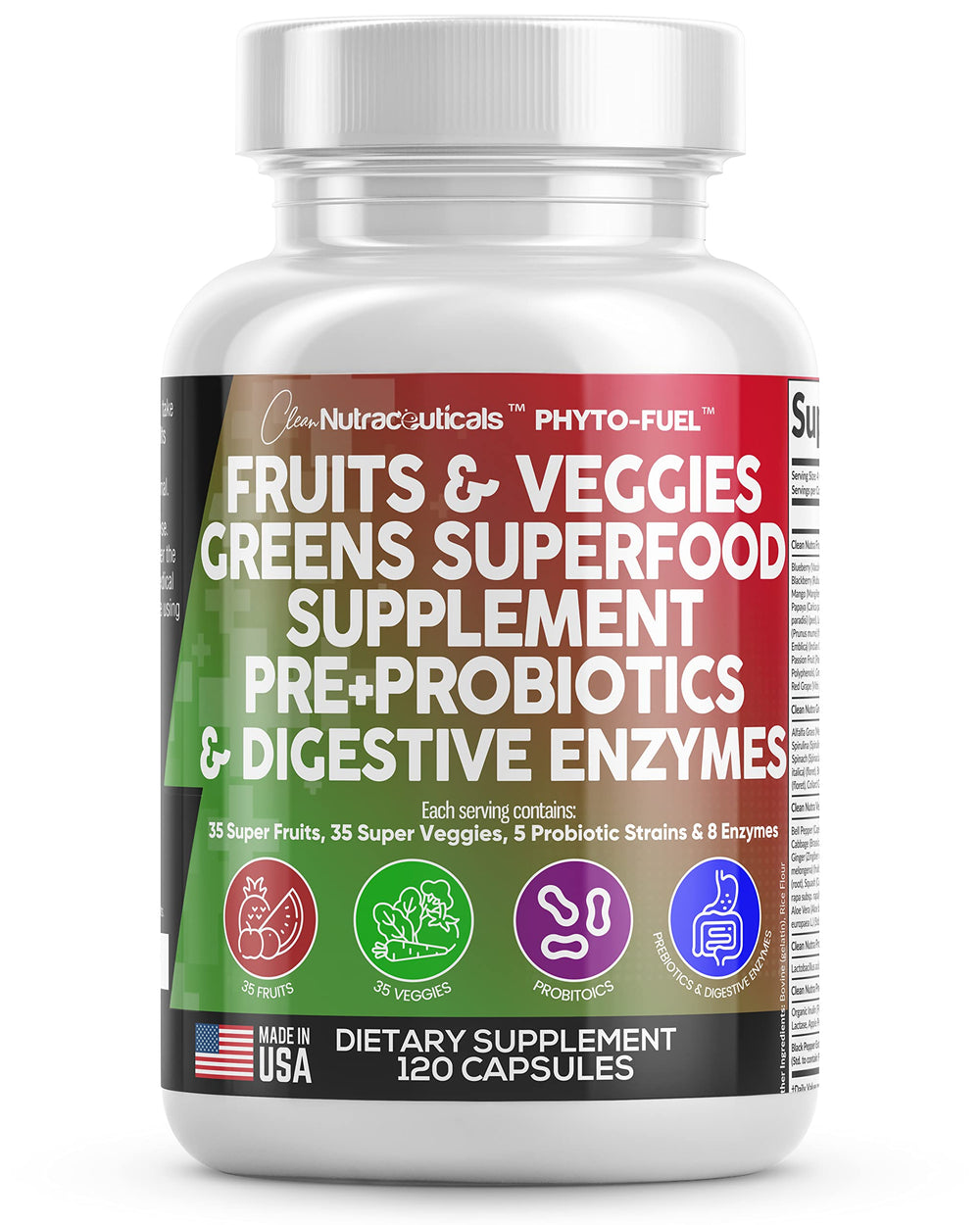 Clean Nutraceuticals Reds & Greens bottle shows a complete daily superfood blend for nutrition.