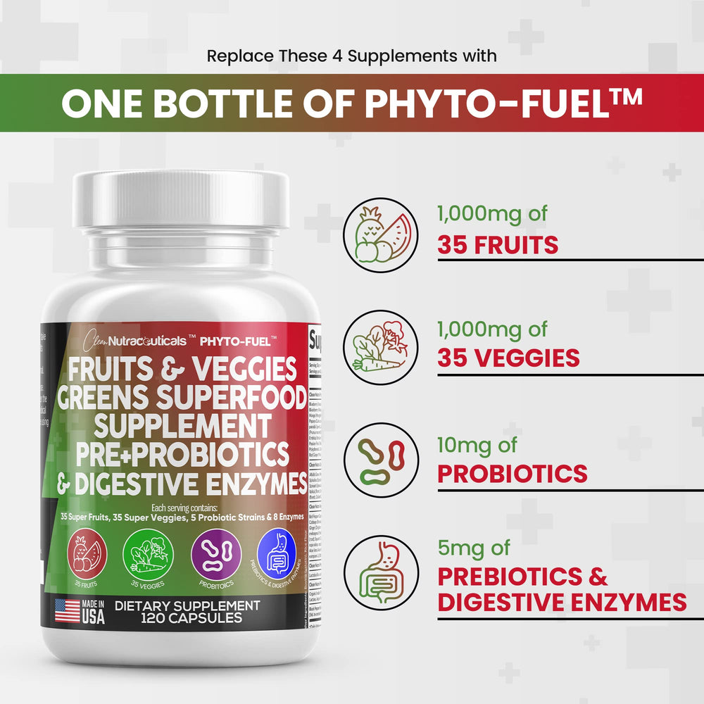 Close-up of Clean Nutraceuticals Reds & Greens capsules ready for daily use.