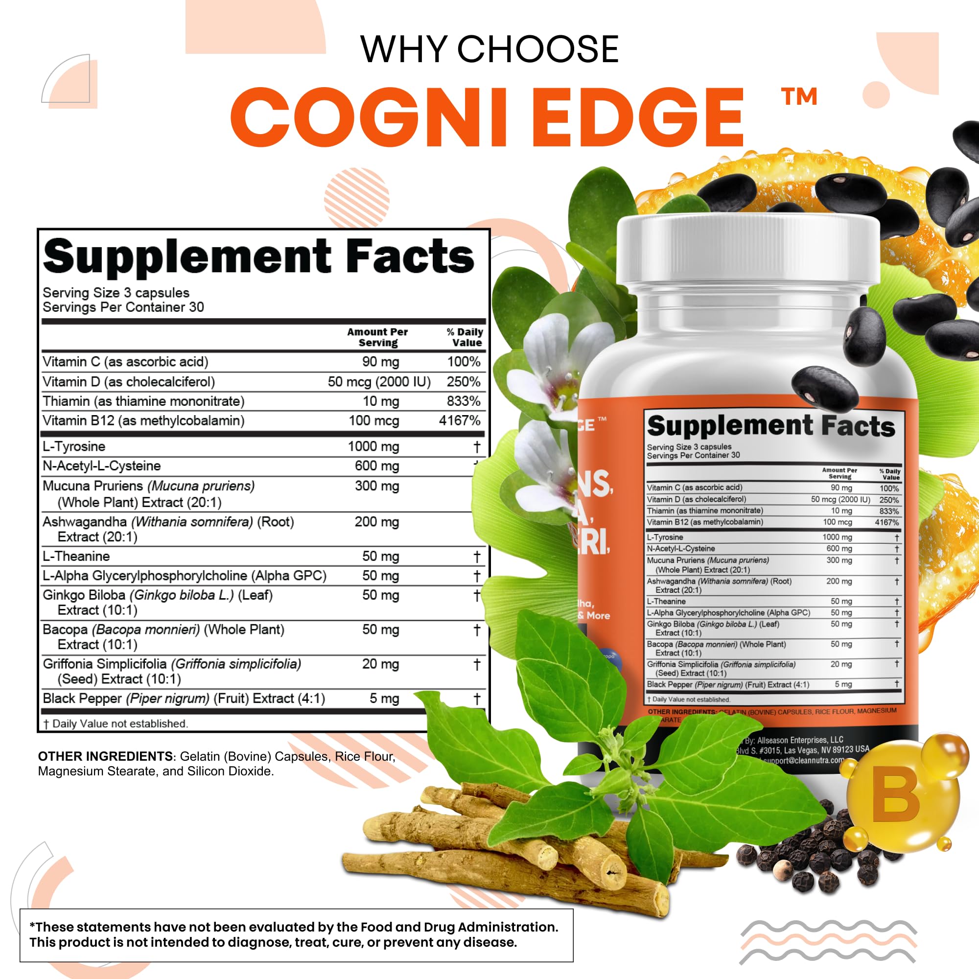 Clean Nutraceuticals Ginkgo Biloba extract bottle highlighting cognitive clarity.