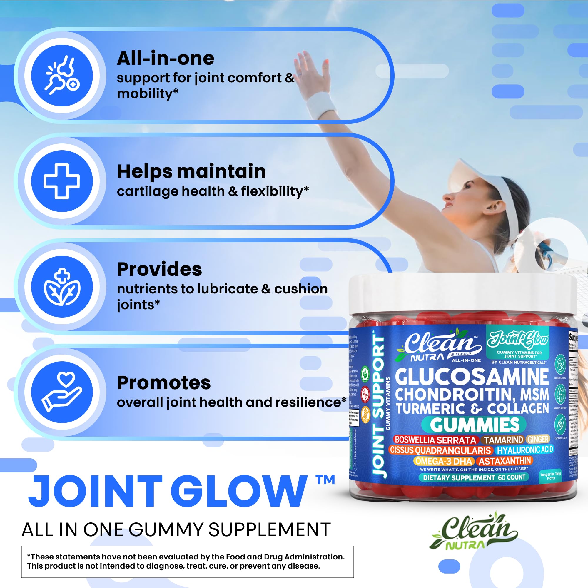 Clean Nutraceuticals Joint Glow Gummy ingredients panel highlighting glucosamine, MSM, and collagen