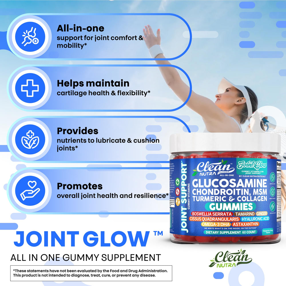 Clean Nutraceuticals Joint Glow Gummy ingredients panel highlighting glucosamine, MSM, and collagen