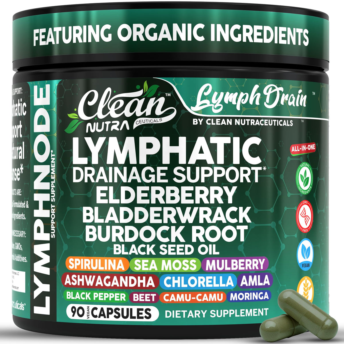 Clean Nutraceuticals lymphatic support bottle with capsules for daily cleansing