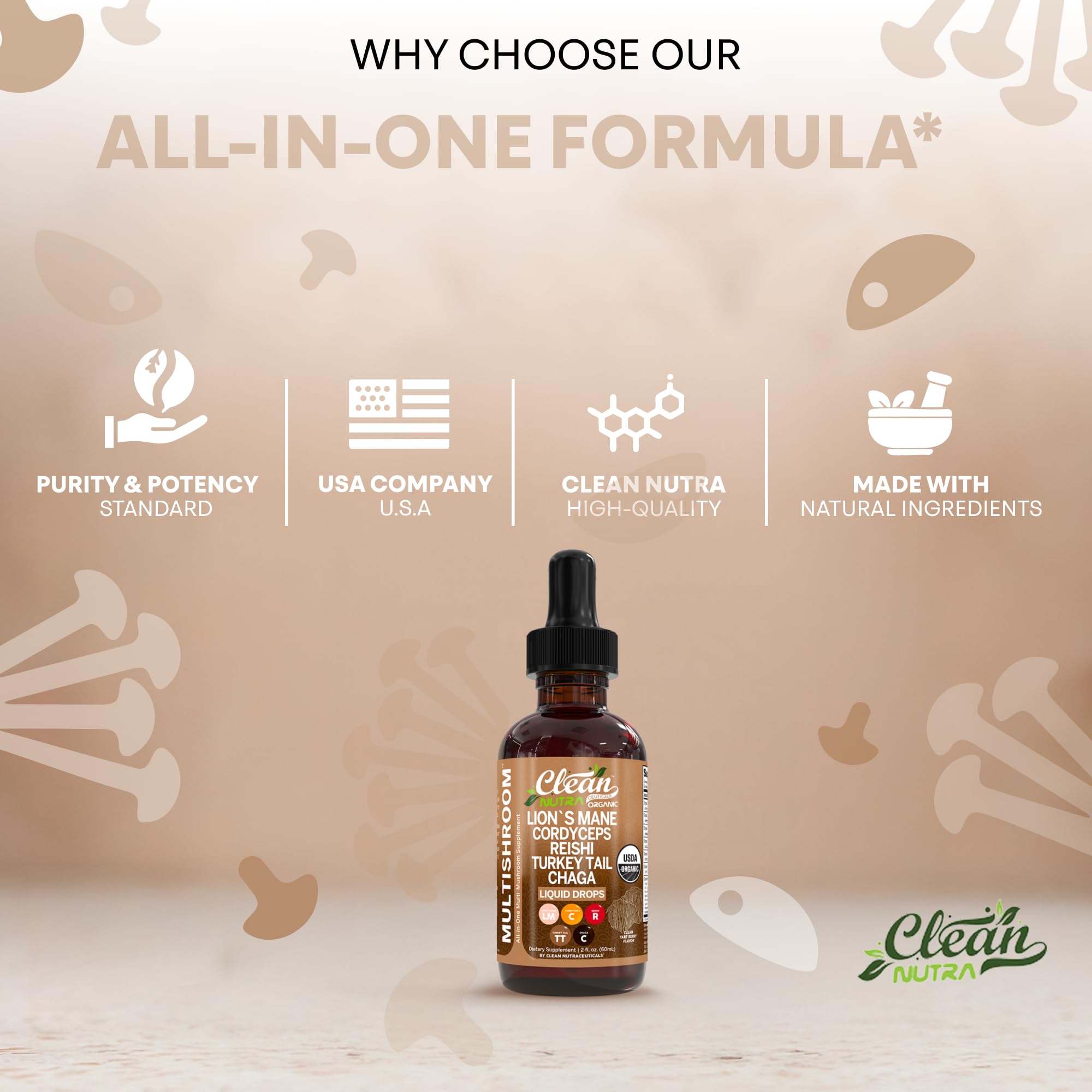 Clean Nutraceuticals Maitake Oyster Tremella powder mix demonstrates liver and gut-friendly blend.