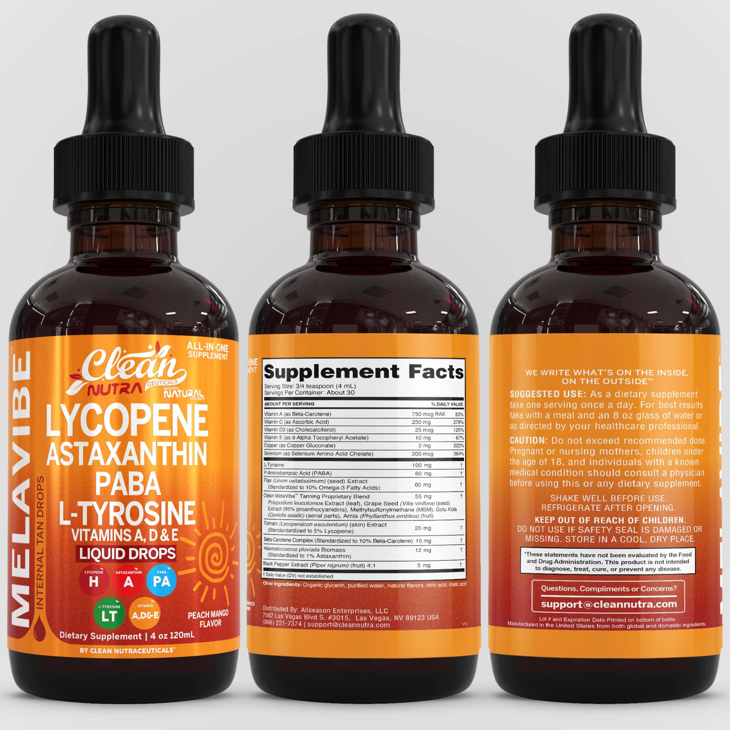 Clean Nutraceuticals MelaVibe drops in glass bottle convey premium sun-kissed glow.