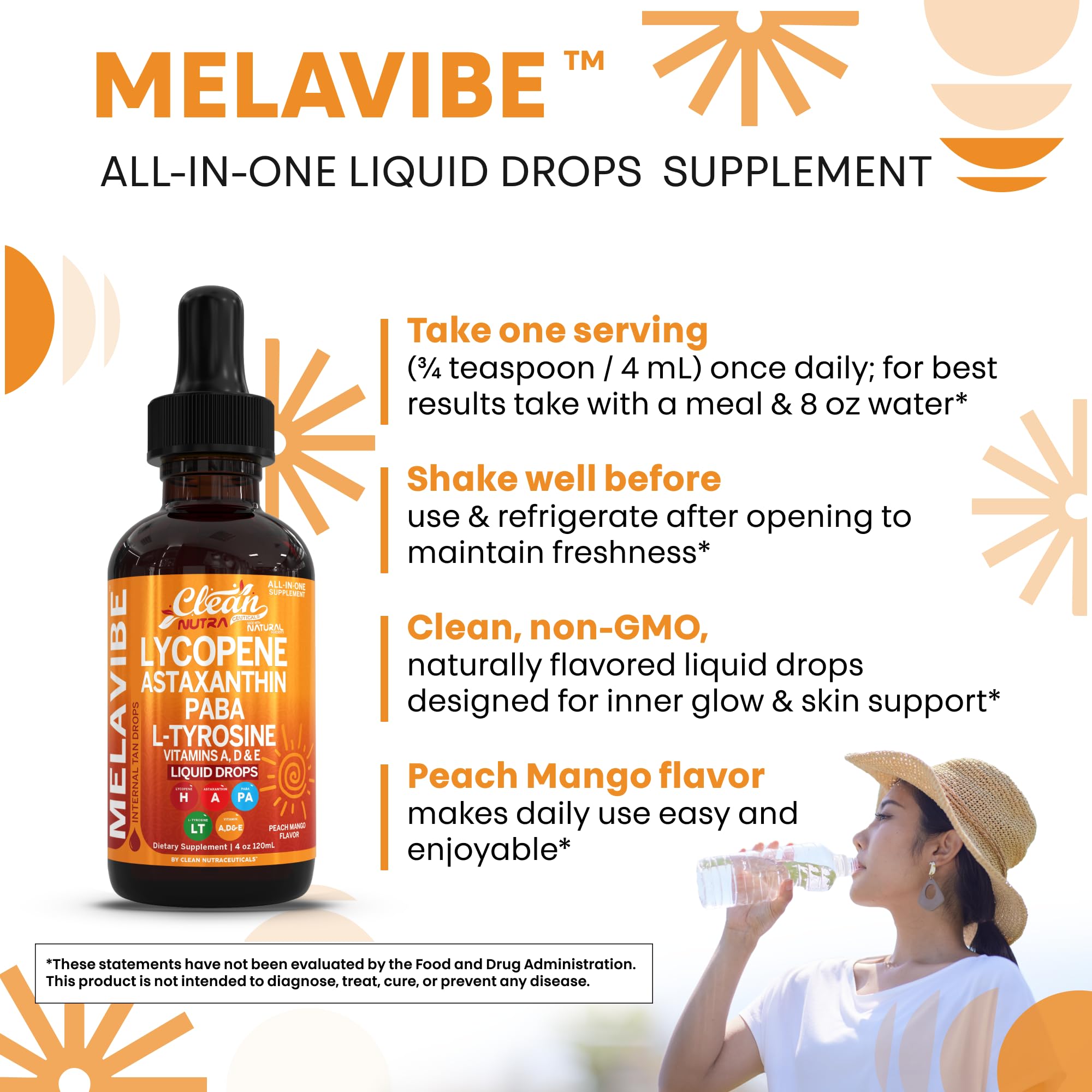 Clean Nutraceuticals MelaVibe ingredients infographic featuring omega-3 and beta carotene blends.