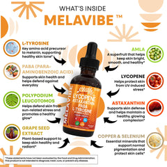 Clean Nutraceuticals MelaVibe label closeup highlights ingredients for radiant skin.