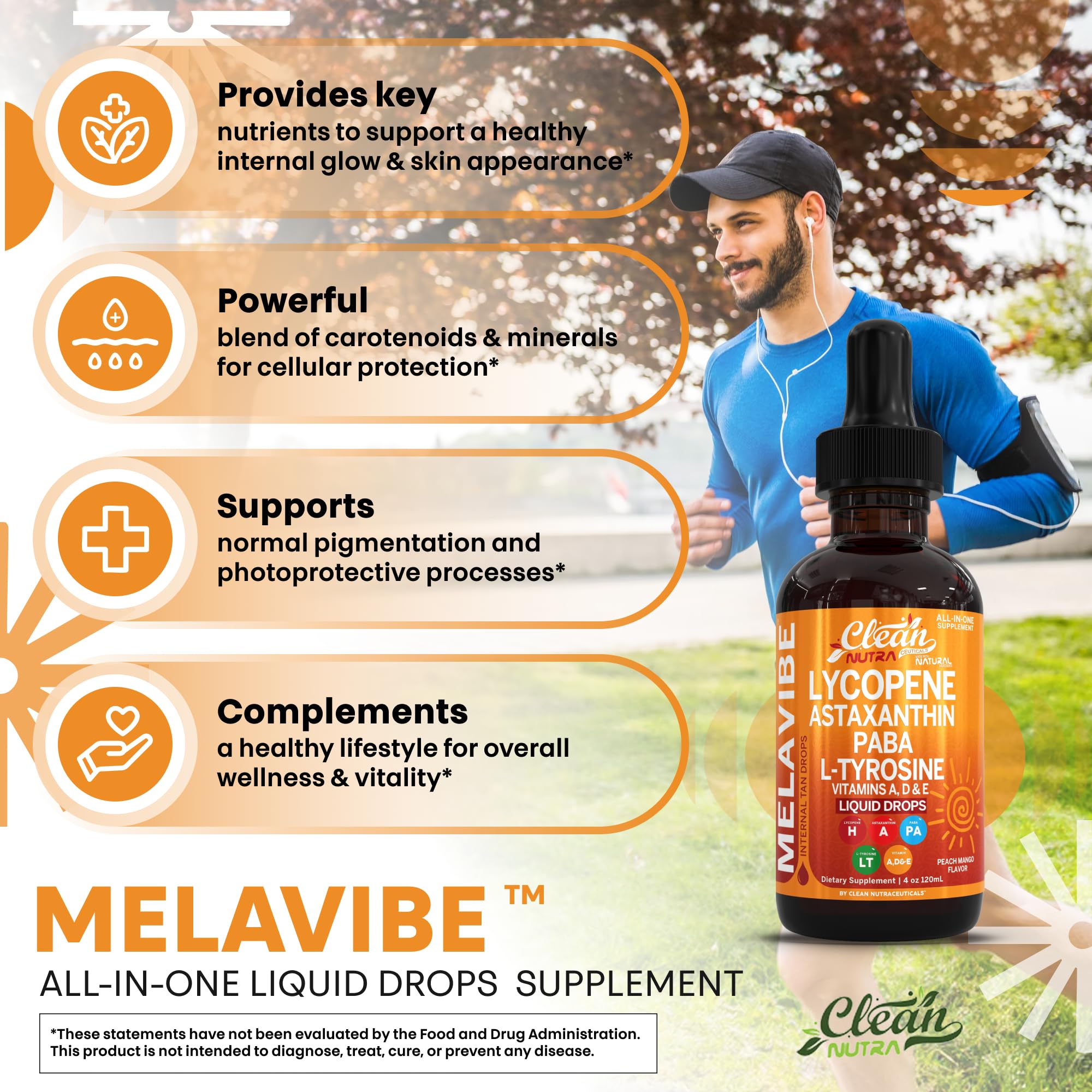 Clean Nutraceuticals MelaVibe liquid drops application shows easy one-squeeze dosing.