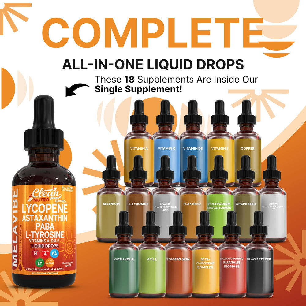 Clean Nutraceuticals MelaVibe tanning drops pour demonstrates precise dosing and rapid absorption.