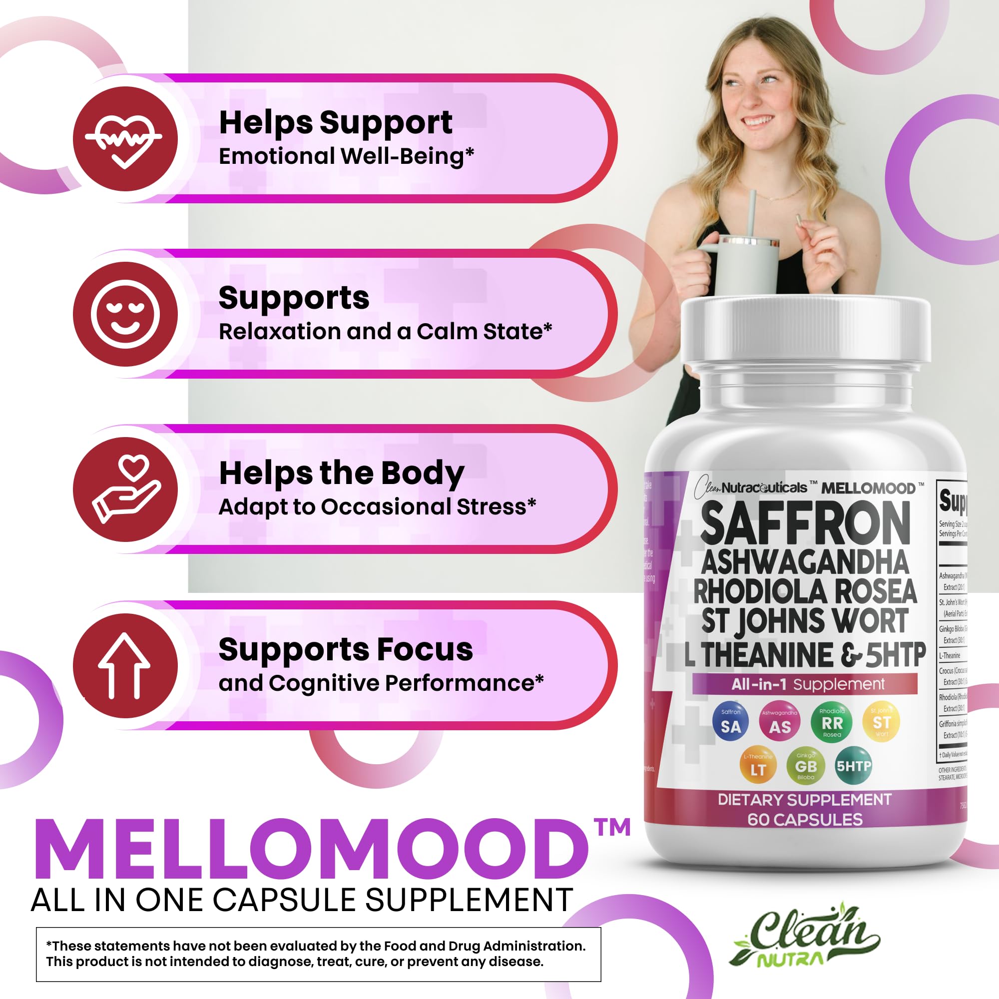 Clean Nutraceuticals Mellomood capsules pouring from bottle for easy dosing